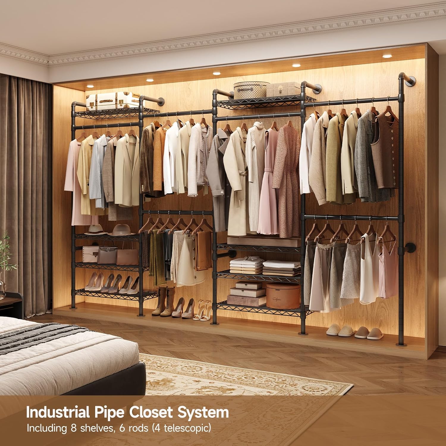 Wall Mounted Garment Rack, Industrial Pipe Metal Clothing Rack with 6 Hanging Rods (4 Expandable) & 8 Shelves, Closet Organizers and Storage System for Bedroom, Walk in Closet