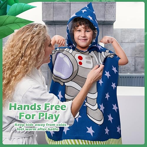 Miniatura 7 de Chumia Paquete de 3 toallas de poncho de playa con capucha para niños, toallas de baño con capucha, algodón más grueso, absorbente, para niños y