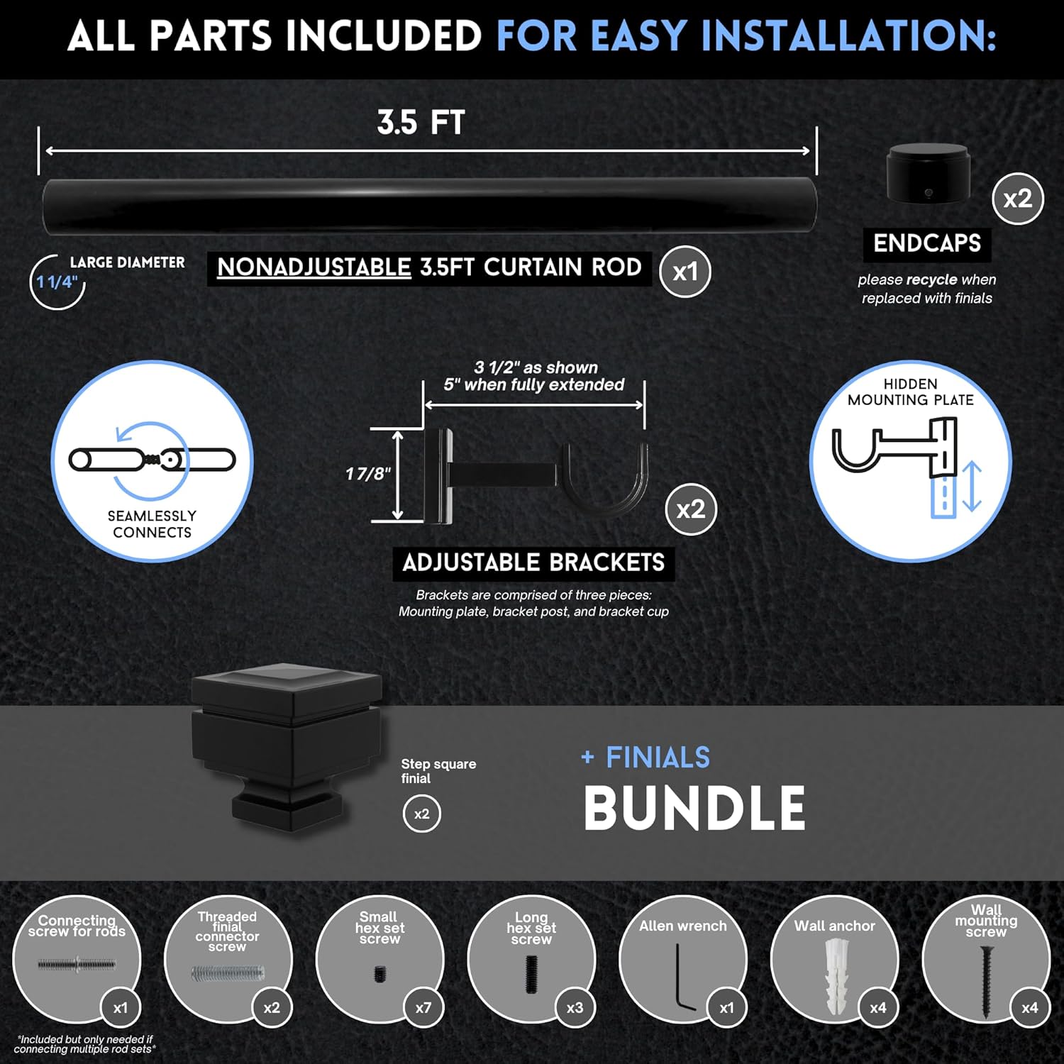 3.5 foot Custom Curtain Rod & Step Square Finials Bundle – Luxury Nonadjustable 1 ¼” Large Diameter with Designer Finials & Premium Quality Mounting Brackets – Tuxedo Black Finish