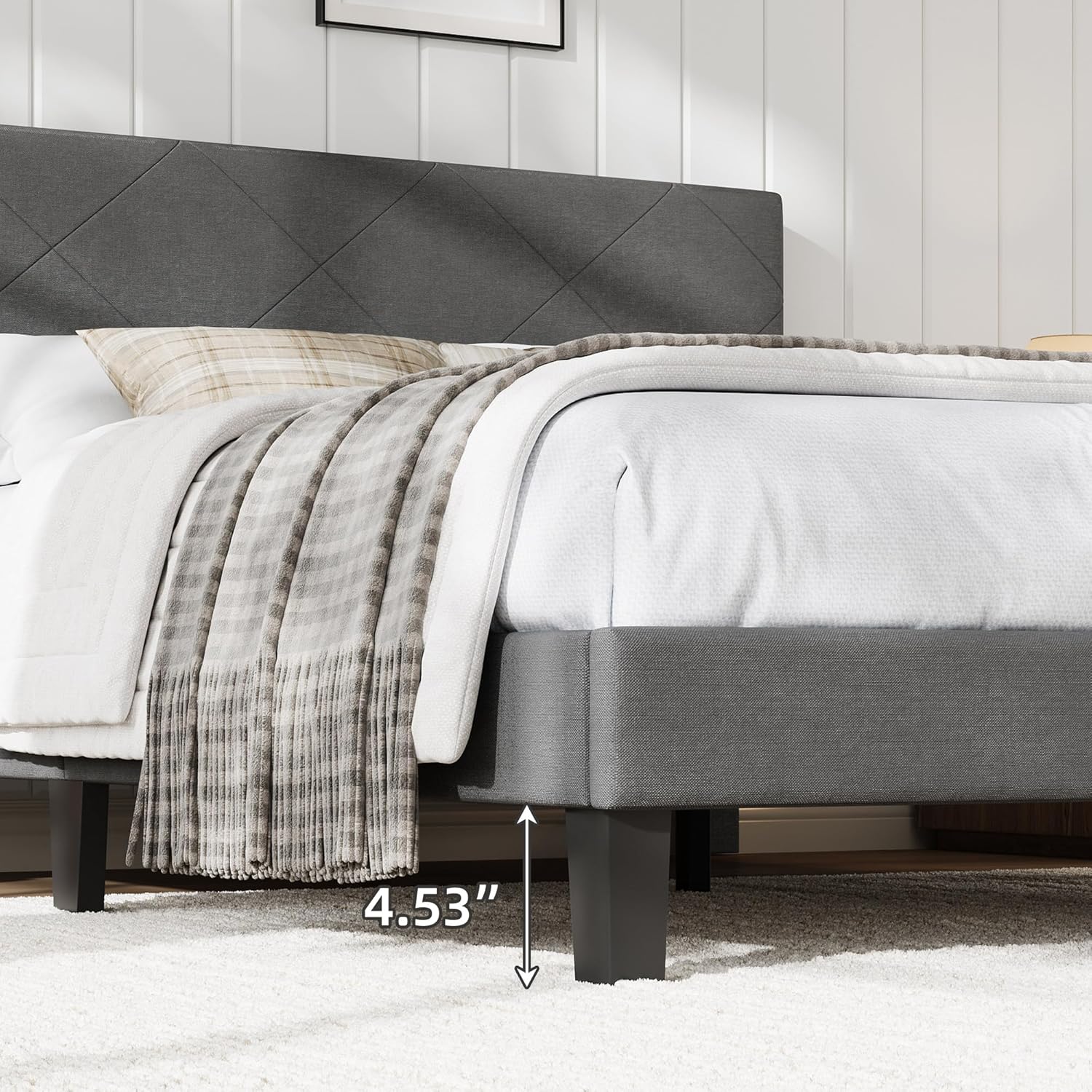 GAOMON Full Size Bed Frame with Upholstered Headboard, Linen Upholstered Platform Bed with Wooden Slat Support, Easy Assembly, No Box Spring Needed & Noise Free, Dark Grey