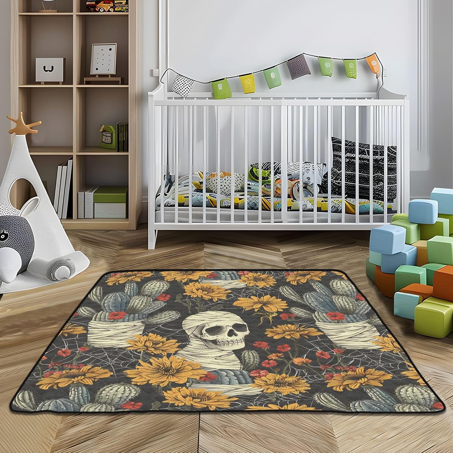 Baby Play Mat Cactus Bandages Yellow Flowers 50 x 50 Playpen Mats for Floor Play Gym Crawling Mat Non-Slip Cushioned Baby Playmat for Infants, Babies, Toddlers