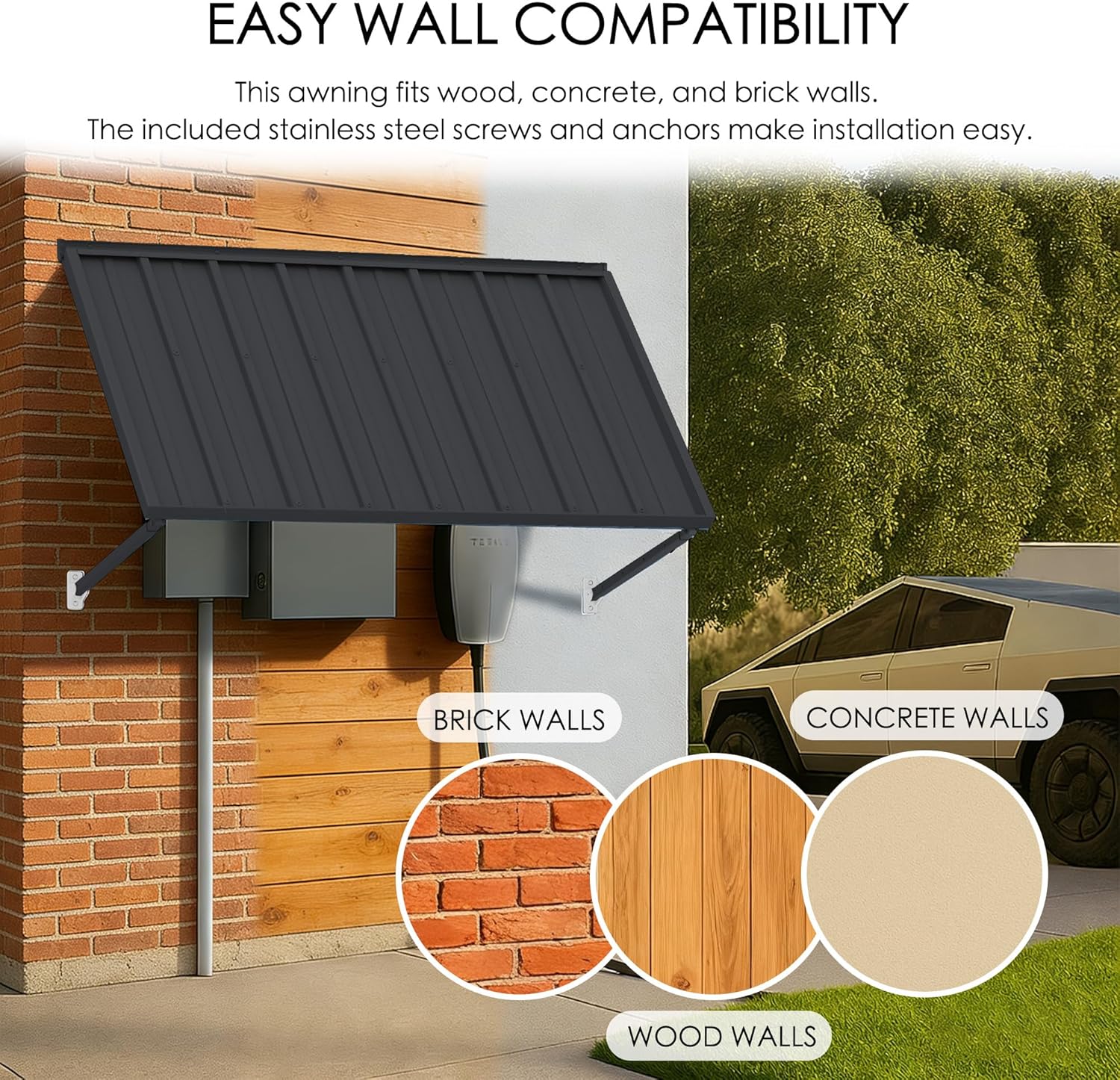 Kozyard Adjustable Window Awning – 4-Level Tilt, 42" W × 32" Sloped Panel, Adjustable Projection 22"–31", Powder-Coated Iron Canopy, All-Weather Rain, Snow & UV Protection (Dark Gray)
