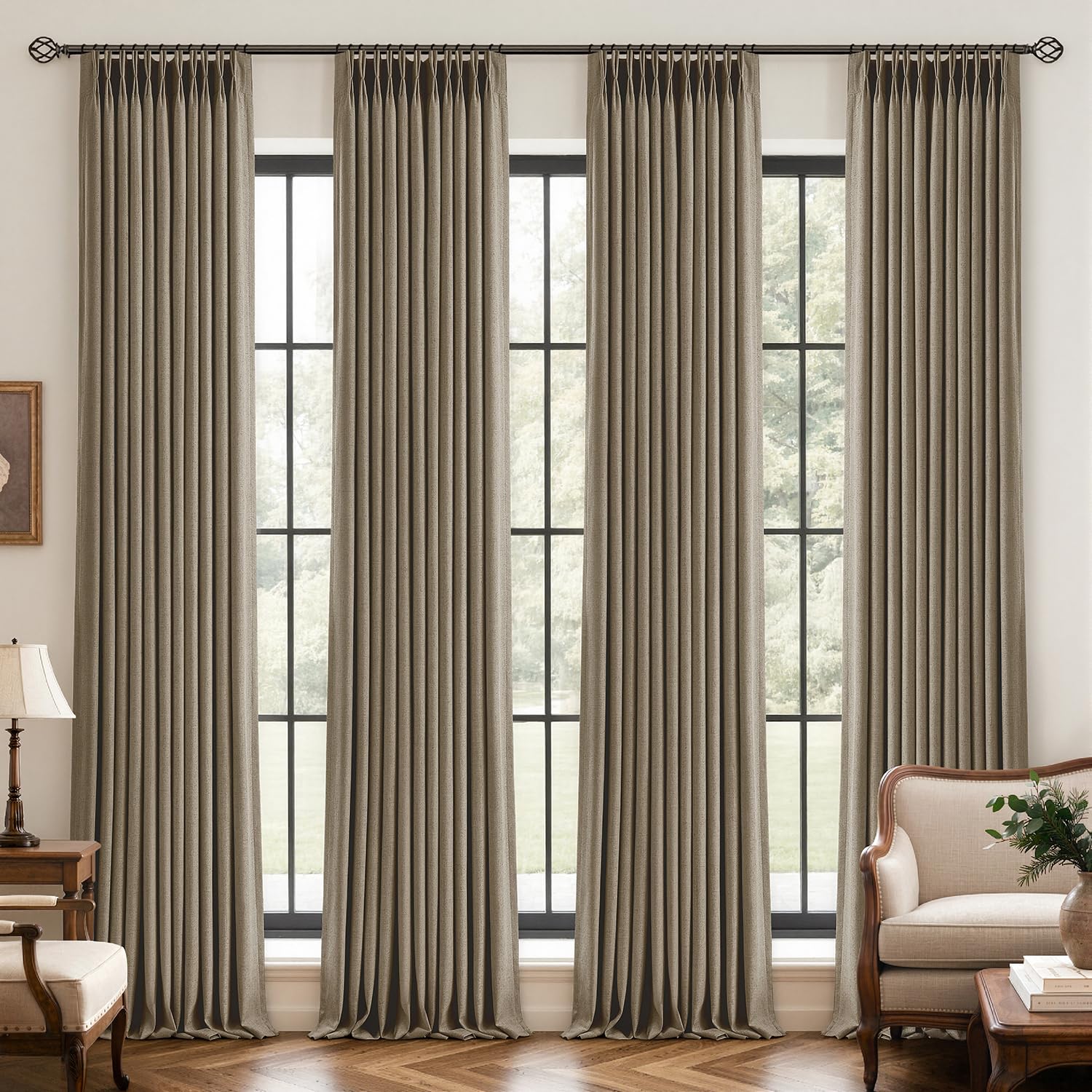 MIULEE 4 Panels Pinch Pleated 100% Blackout Linen Curtains 40"x96" Brown