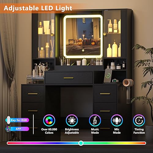 Miniatura 2 de Tocador de maquillaje negro con espejo y luces, mesa de tocador moderna con estación de carga, 7 cajones, gabinete de vidrio, estanterías y taburete