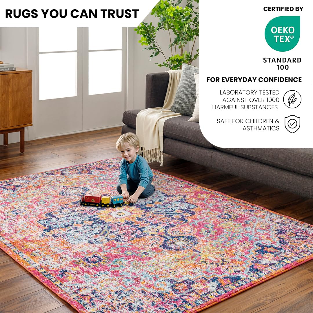 Livabliss Asmara Tapis Vintage pour Salon, Salle à Manger, Cuisine - Style bohème Traditionnel - Facile d'entretien - 160 x 220 cm - Orange Bleu Marine Bleu Sarcelle Bordeaux