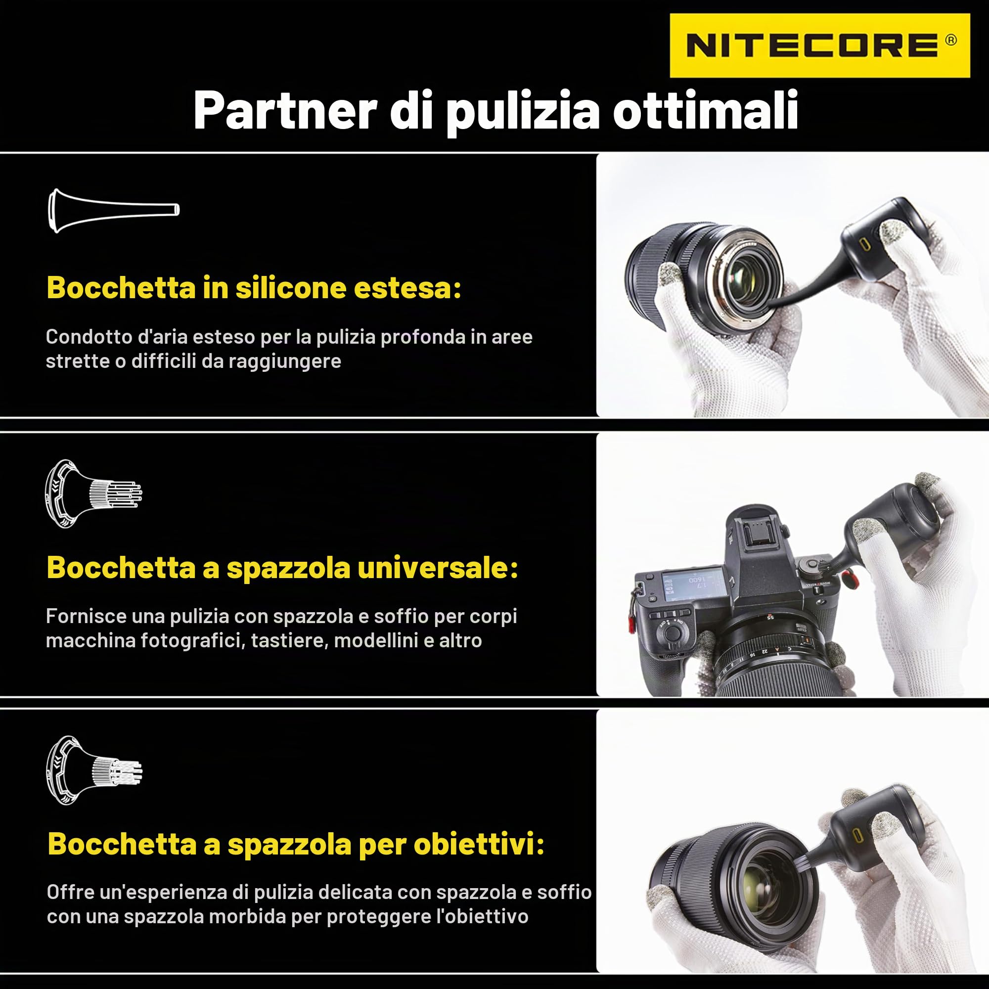NITECORE BB Nano - Aeratore portatile versatile per fotografia elettronica, con kit di estensione NIA007, kit di pulizia migliorato NIA008, etichetta NITECORE
