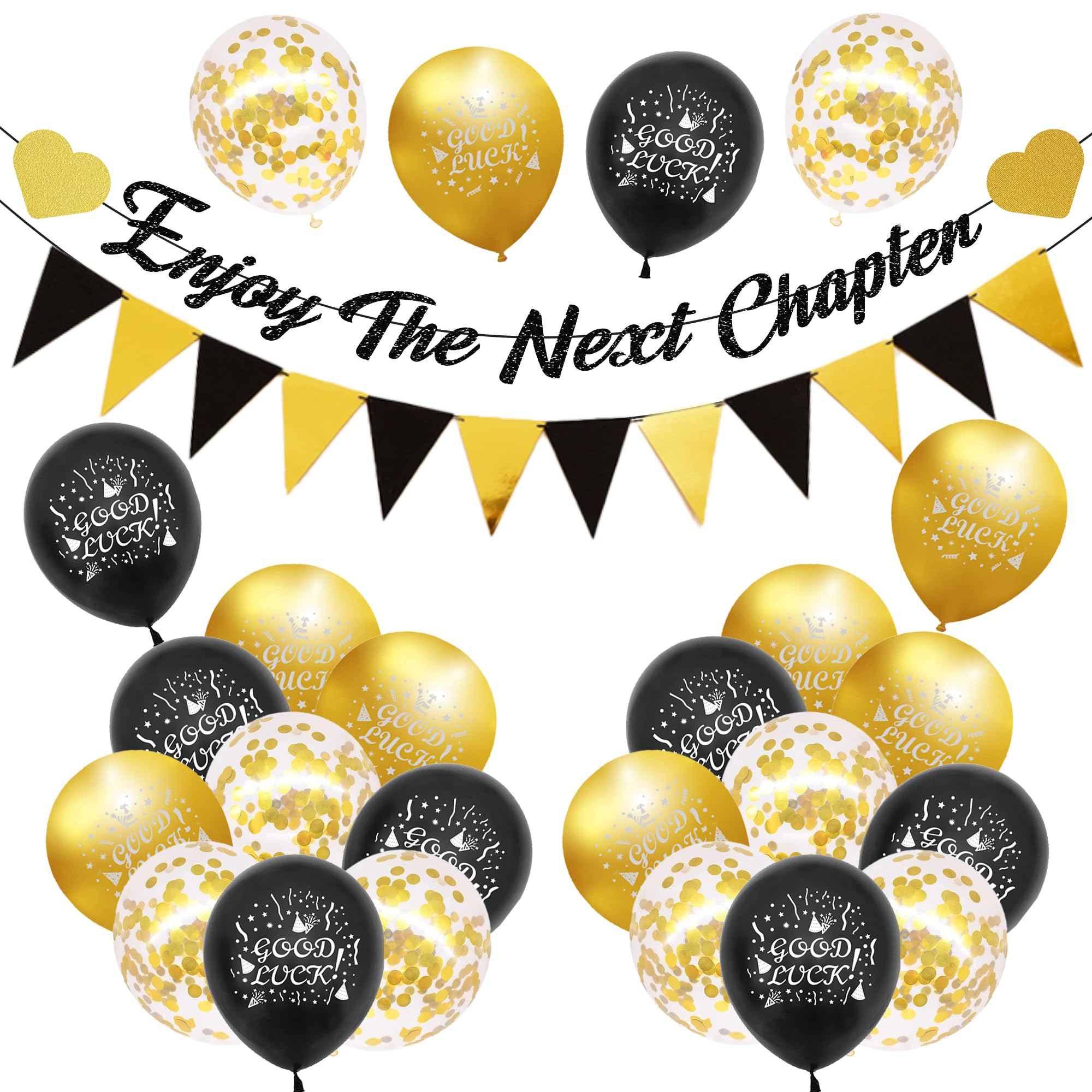 Retirement Banner Balloons Party Decorations - Including 2 Pcs Black Gold Leaving Themed Triangle Flag Banners Good Luck Balloons for Retirement Graduation Going Away Farewell Decoration Supplies