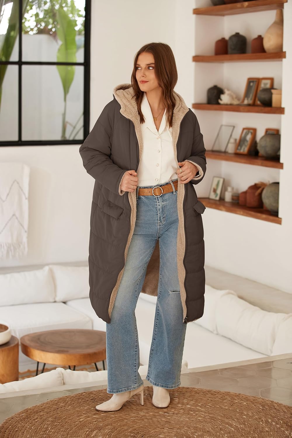 ECOWISH Women Winter Puffer Jacket - Reversible Fur Fleece Lined Hood Zip Sherpa Coat Parka Padded Long Outerwear - Image 5