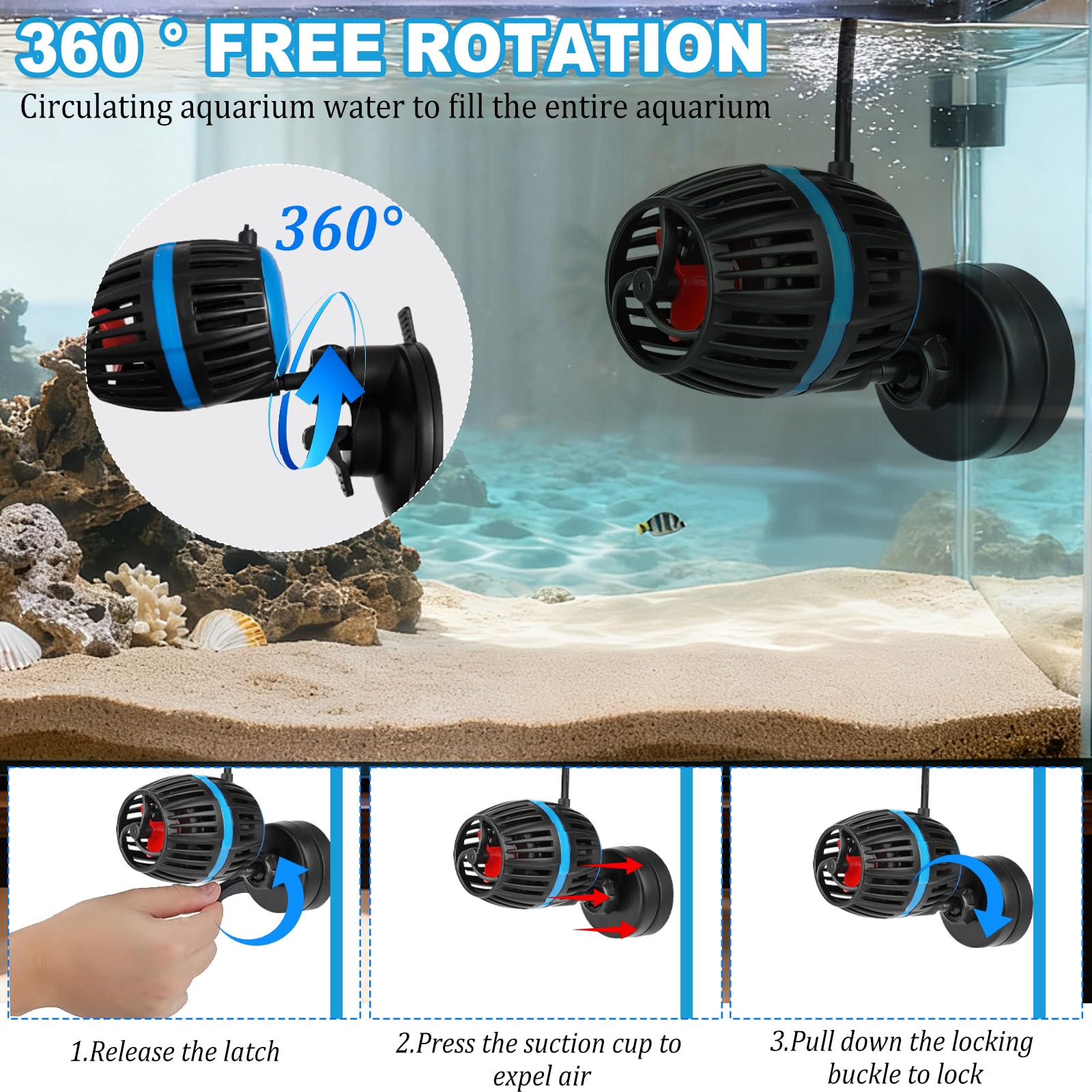 Bomba de circulación para acuarios Wavemaker, DC 12V 20W Mini Wavemaker, 10000 L/H, bomba de circulación para acuarios, 4 velocidades ajustables, para acuarios de 80-120L (fijación con ventosa)