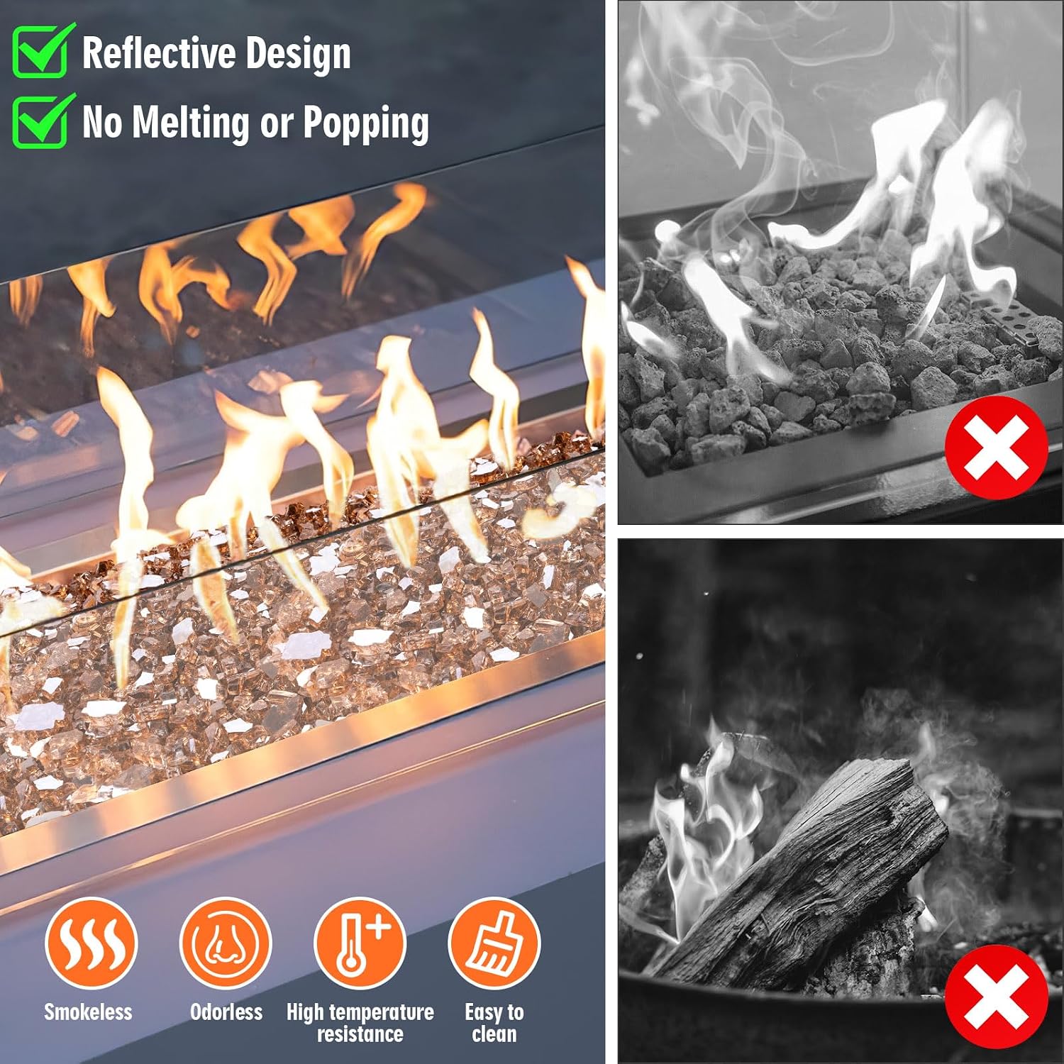 10 lbs Fire Glass for Propane Fire Pit, Golden,1/2 Inch Reflective Fireplace Glass Rocks for Fire Pit Table/Gas Fireplace/Outdoors and Indoors