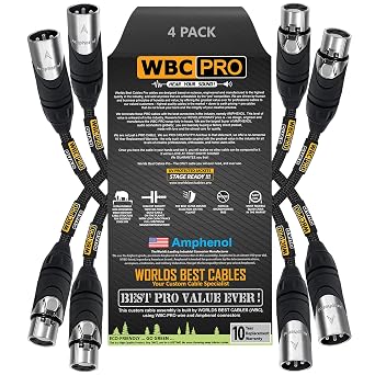 4 Units - 1 Foot - WBC-PRO-Quad Ultra-Silent Ultra-Flexible Balanced Star-Quad Cable with Amphenol Male & Female XLR Plugs & Black Tweed Jacket