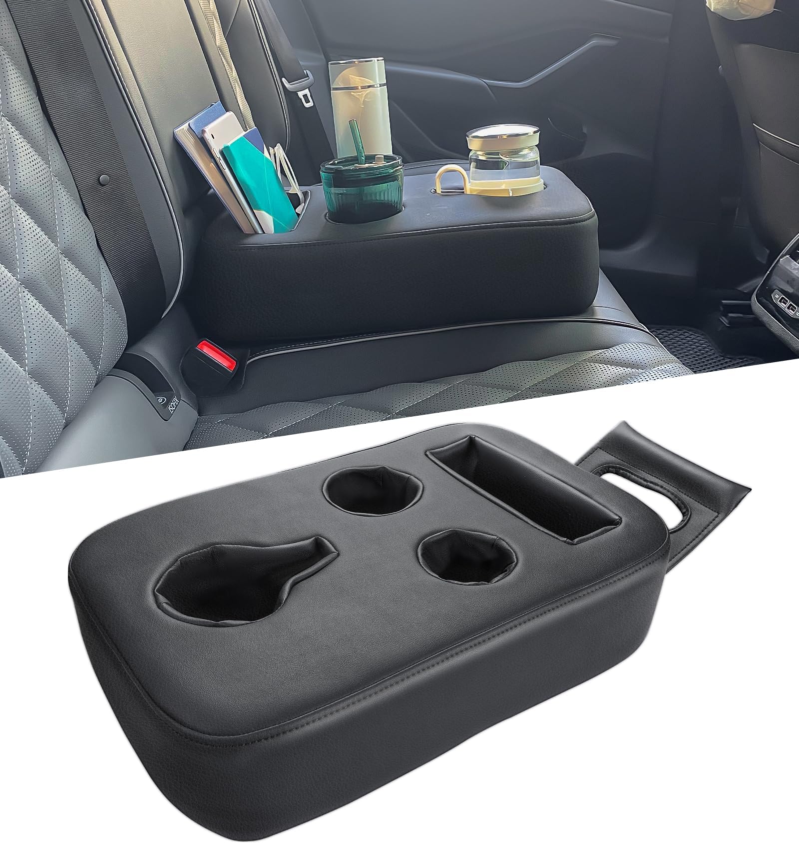 Sinvanho Car Cup Holder, Back Seat Cup Holder for Car, PU Leather Couch Sofa Bed Cup Holder Expander Tray, Boat Tray, Organizer for Trucks, Minivans, SUVs, RVs, Vehicles, Holds Drinks, Remote, Snacks