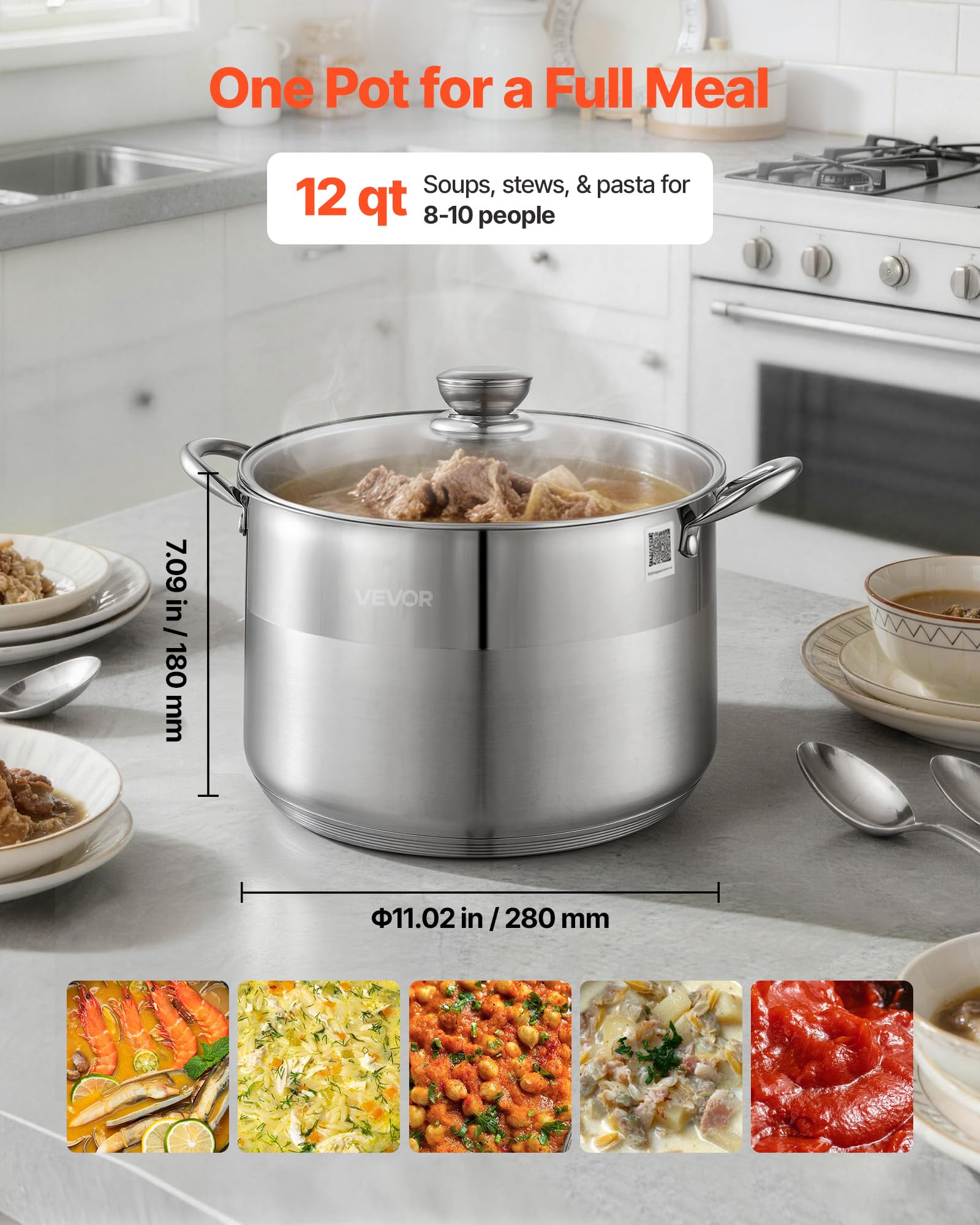 VEVOR Edelstahl Kochtopf 15,1 L Großer Suppentopf mit Glasdeckel Induktionsgeeignet Hochwertiger Nudeltopf PFOA-frei PFAS-frei für Gasherd Elektrokochfeld Ideal für Eintöpfe Pasta Familienportionen