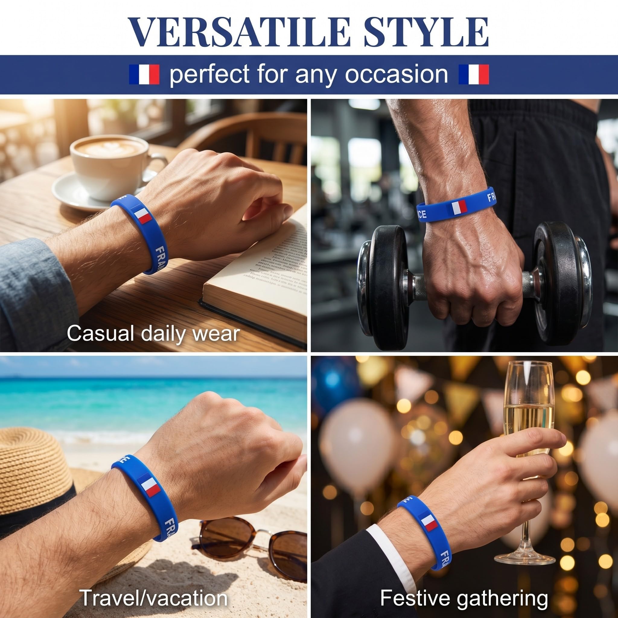 4 Pièces France Bracelet Taille Unique Nylon Bleu Blanc Rouge Élastique Réglable Imperméable Résistant Confortable pour CM Euro Fête Festival Quotidien Sport Hommes Femmes Enfants
