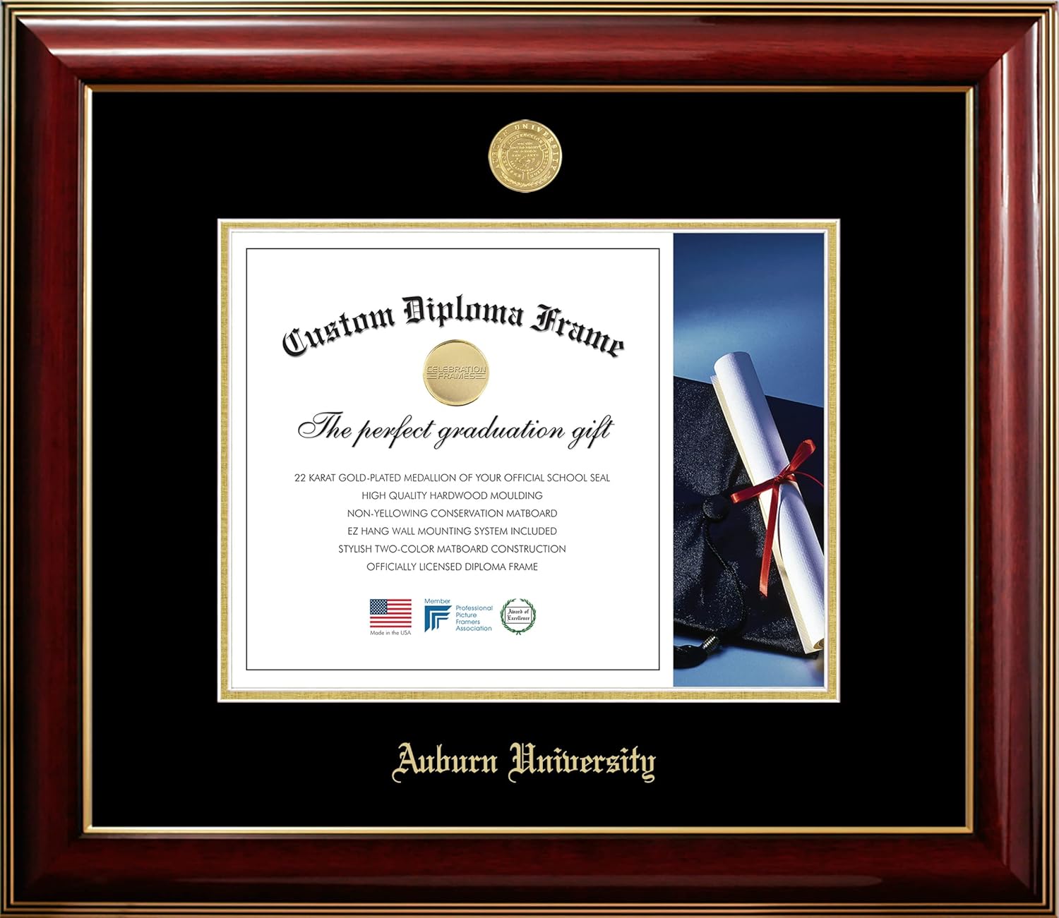 Campus Images Auburn University Tigers 17w x 13h Classic Mahogany Gold Embossed Diploma Frame