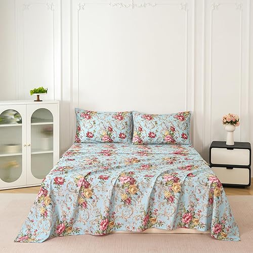 Miniatura 9 de Zusbest Juego de sábanas de tamaño Queen, sábans de cama azul y rojo floral 100% algodón, ropa de cama de lujo premium transpirable para durmientes