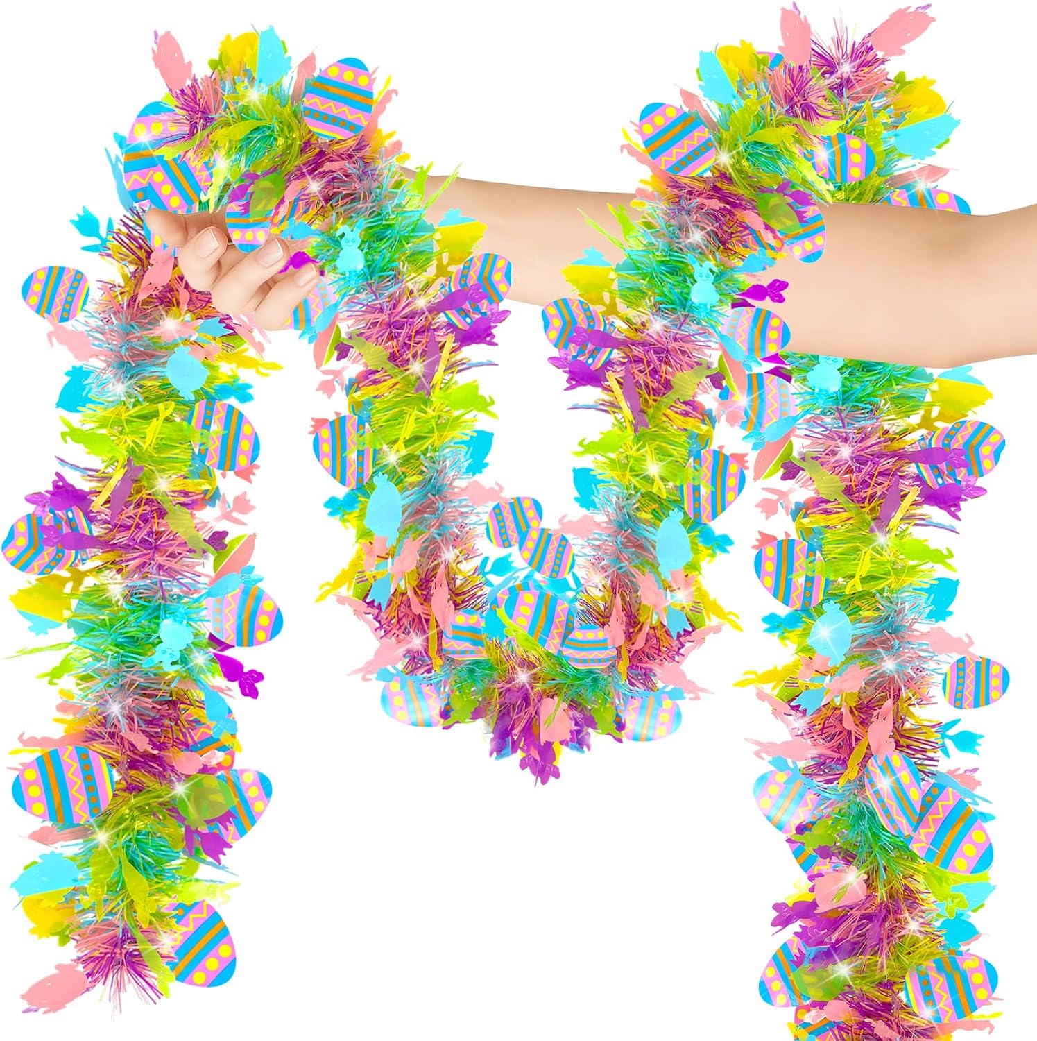 33 FT Easter Tinsel Garland Colorful Egg Tinsel Twist Garland with Confetti Metallic Spring Hanging Ornament Decoration for Easter Holiay Tree Mantel Party Supplies