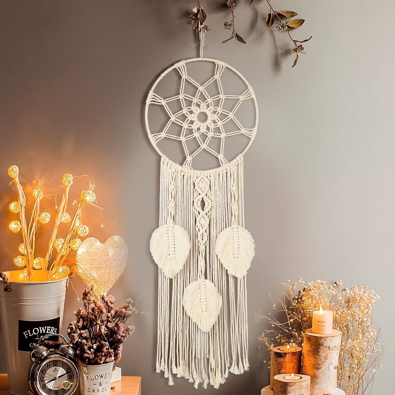 Nice Dream Dream Catchers for Bedroom Adults Boho Wall Decor Large Macrame Wall Hanging with 3 Woven Leaves Tassels Home Decoration