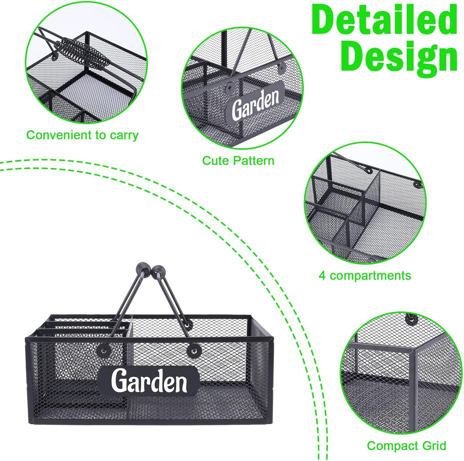 Garden Tool Storage, 4 Compartments Metal Mesh Garden Caddy, Portable Garden Basket with Handles, Gardening Tool Organizer for Indoor and Outdoor, Gardener Gift for Gardening Lovers, Black