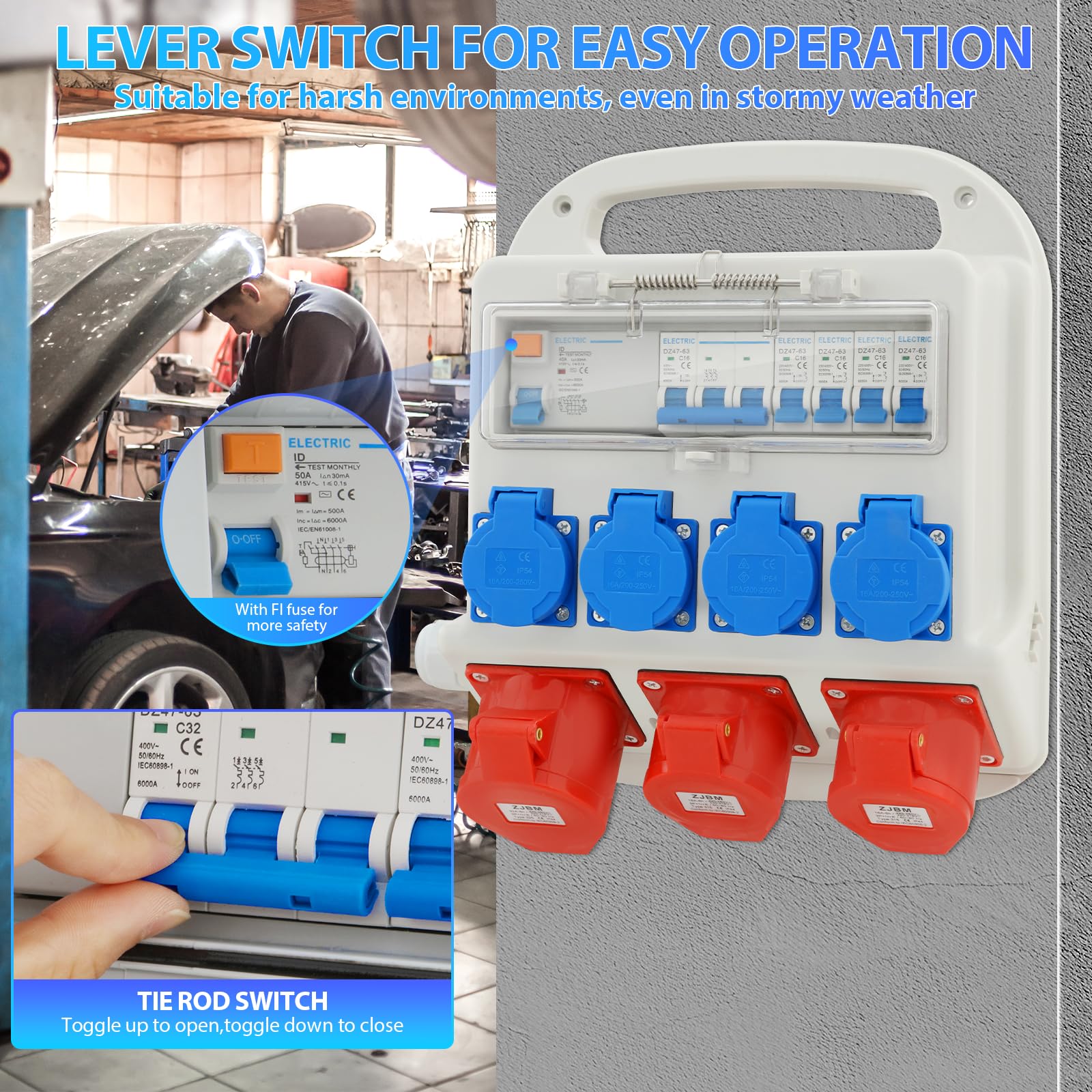 Distributore di corrente CEE 400V 32A, 4 uscite 230V, 2 circuiti 16A, 1 circuito 32A, protezione FI, distributore di potenza IP54, per cantieri edili