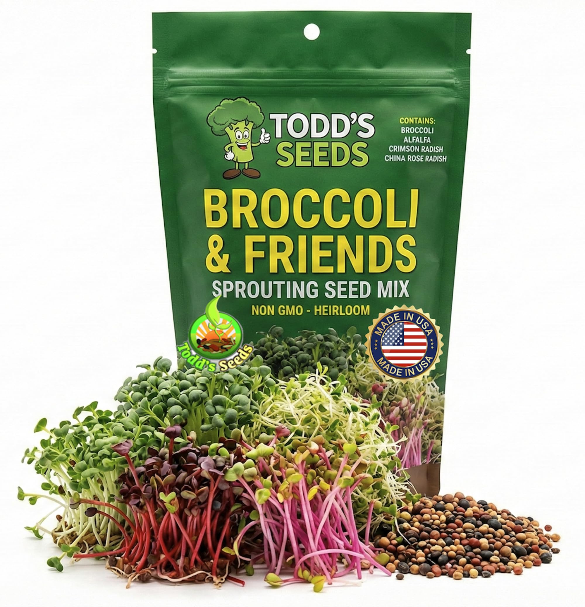 Todd's Seeds Broccoli and Friends Sprouting Seed Mix: Broccoli, Crimson Clover, Red Radish, Alfalfa, Non-GMO, Chemical Free, High Germination (1/4 Pound)