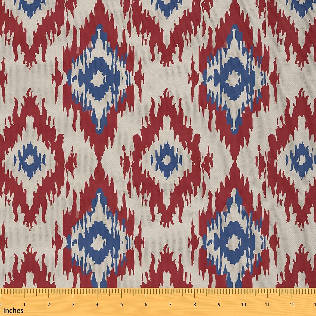 Ikat Fabric by The Yard,Vintage Ikat Upholstery Fabric,Geometric Rhombus Indoor Outdoor Fabric,Tribal Eastern Upholstery and Home Accents for Couch,1 Yard,Red Blue Beige