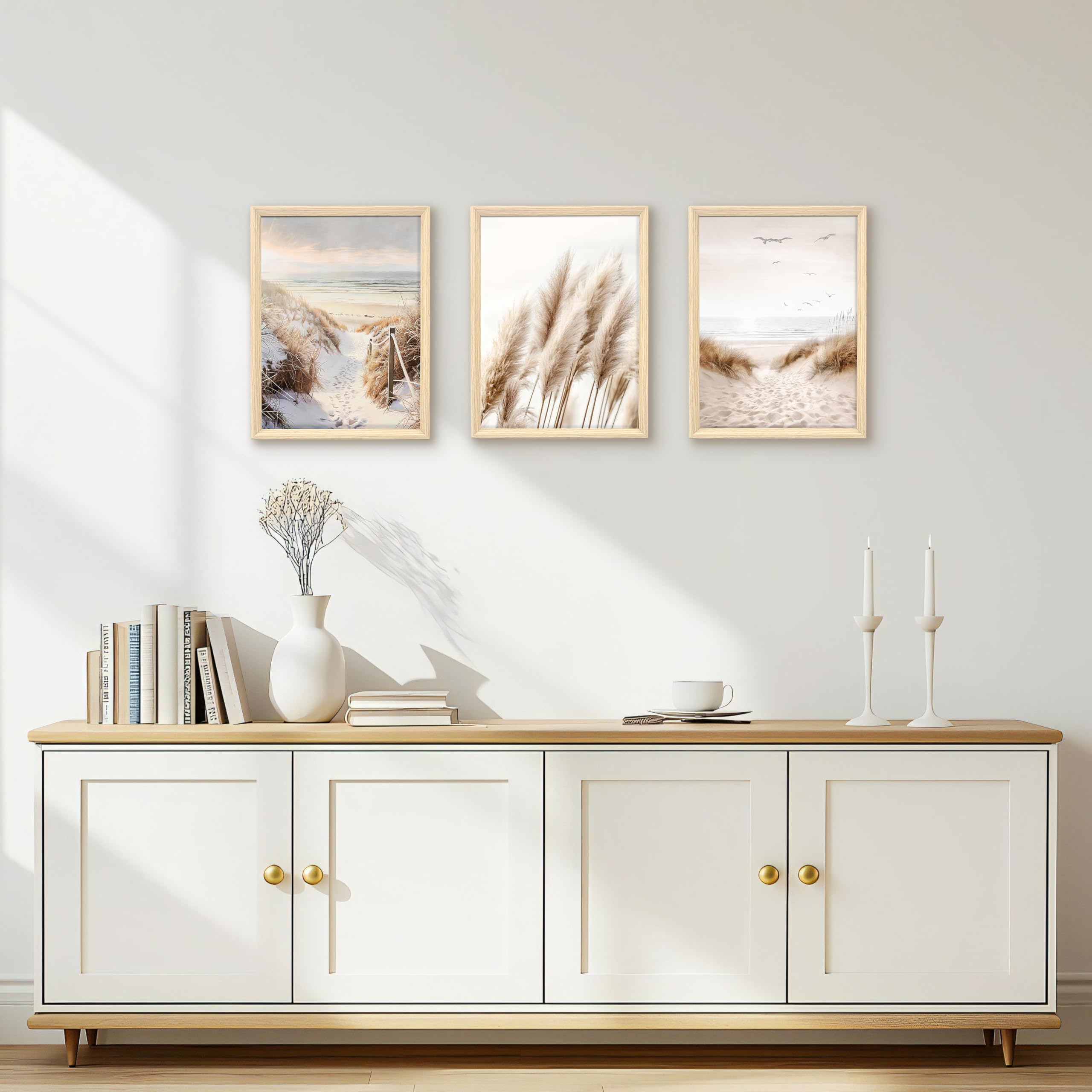 Boho Pampasgras Leinwand Bilder Set 30x40cm 3er Set Wanddeko Natur Strand Meereslandschaft Poster