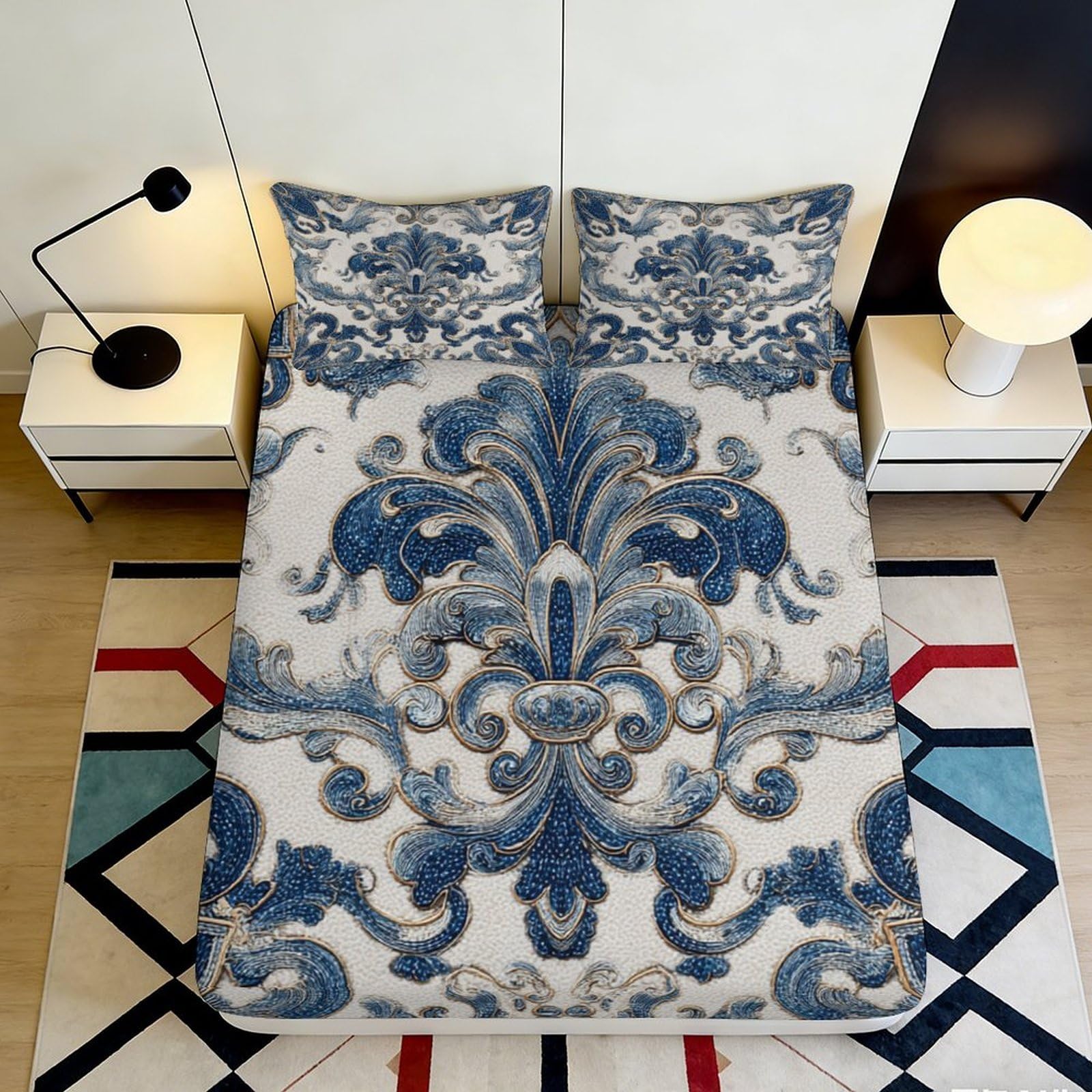 Jqzkxnhpbr Style-5 3D Printed Baroque Blue Floral Fitted Sheet Microfiber Soft Bed Cover Elegant Damask Pattern Mattress Protector For Bedroom Guest Room 90X200x25cm