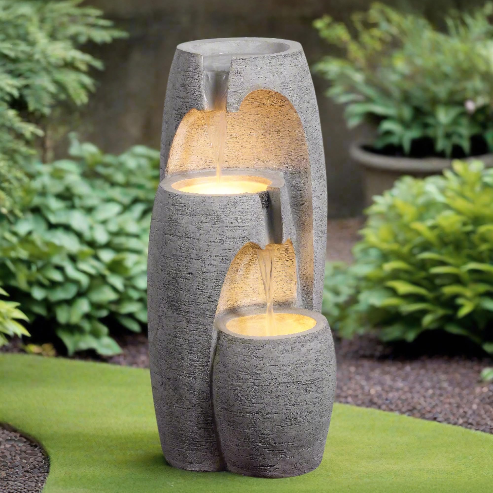 Teamson Home Fontaine Moderne 3 Niveaux Cascade exterieure LED Douce reglable urne Decorative Gris