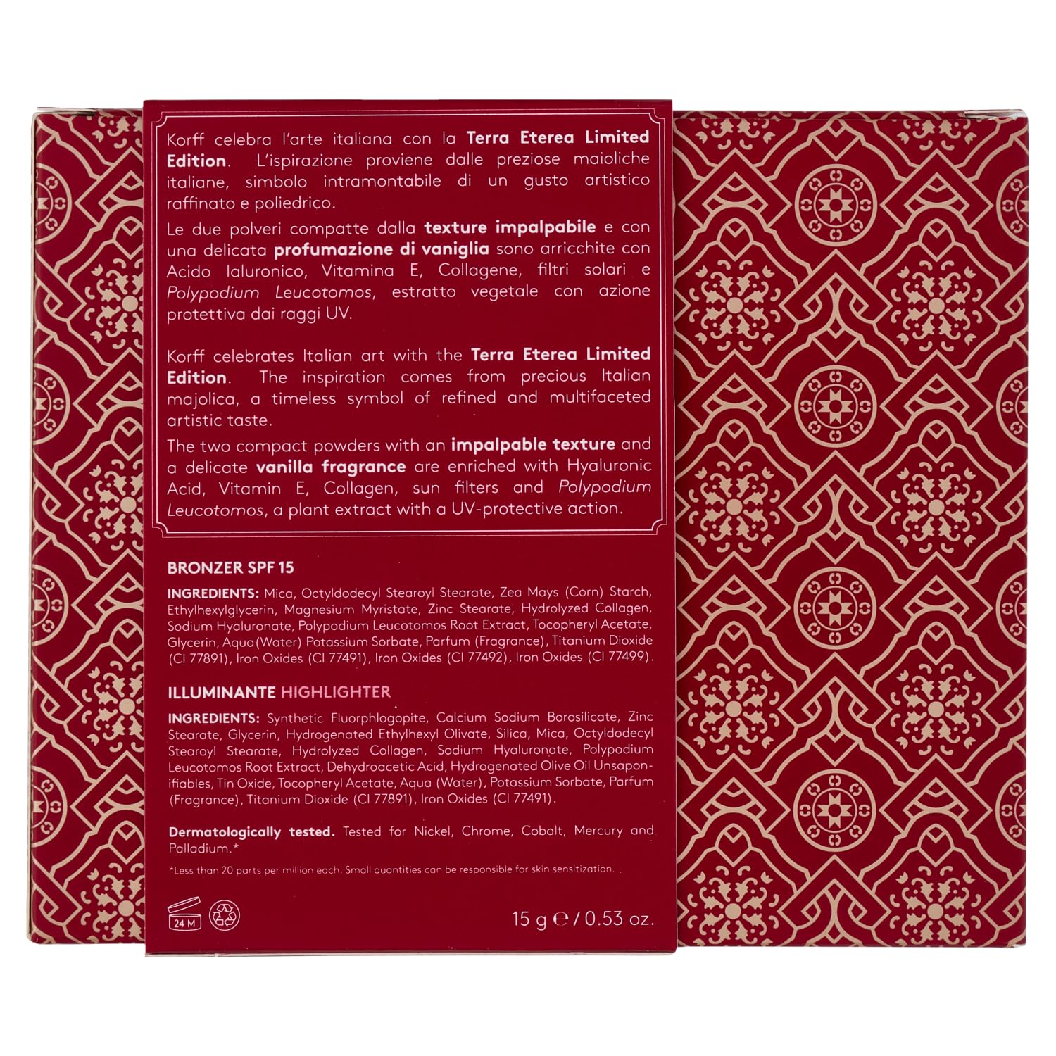 Korff Terra Eterea Limited Edition 2025, Polvere compatta con texture impalpabile e profumazione di vaniglia con Acido Ialuronico, Vitamina E, Collagene, Filtri solari, 15 gr