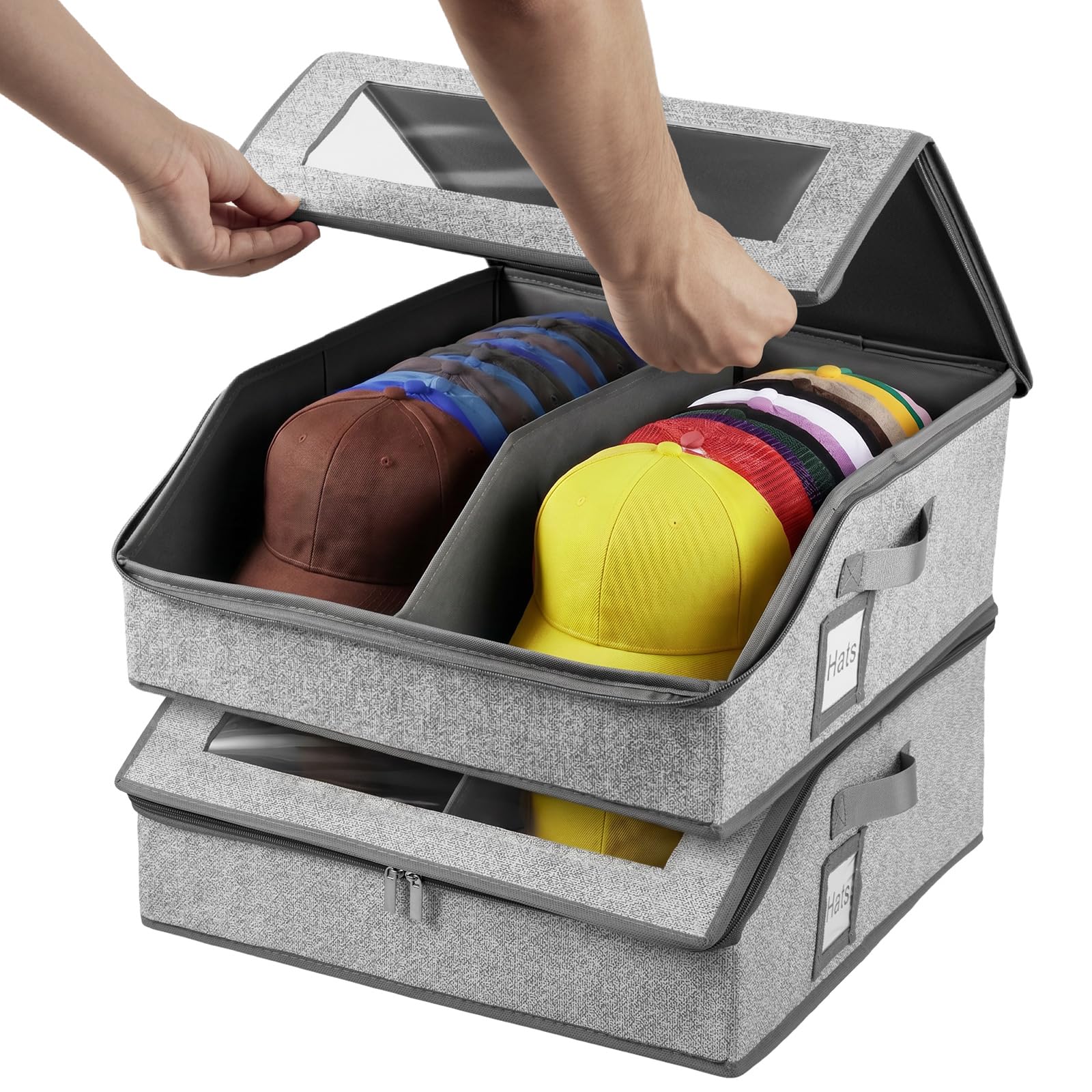 QINGLANG 2 Pack Baseball Cap Storage Boxes Stackable Hat Organiser with Clear Window & Removable Divider Foldable Dustproof Closet Hat Storage Bag Holds up to 48 Caps, Wardrobe Container with Handles