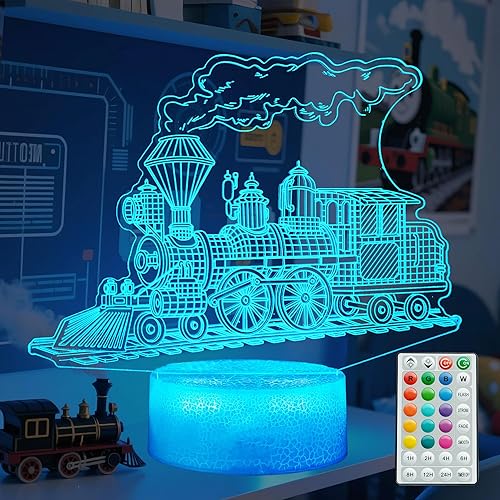 Luz nocturna de tren, regalos de tren, luz nocturna de ilusión 3D con 16 colores cambiantes, control remoto con temporizador, decoración de