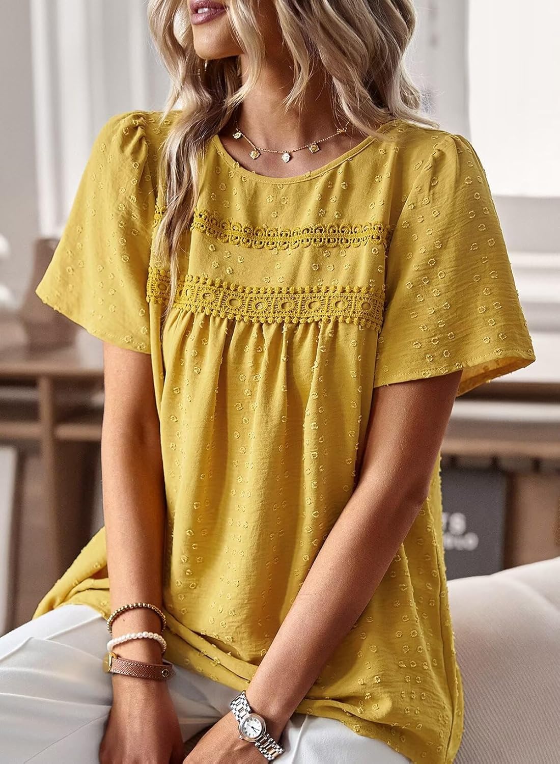 Womens Summer Tops Crewneck Short Sleeve Shirts Casual Chiffon Blouses Flowy Lace Hem Boho Clothing Trendy 2026 - Image 2