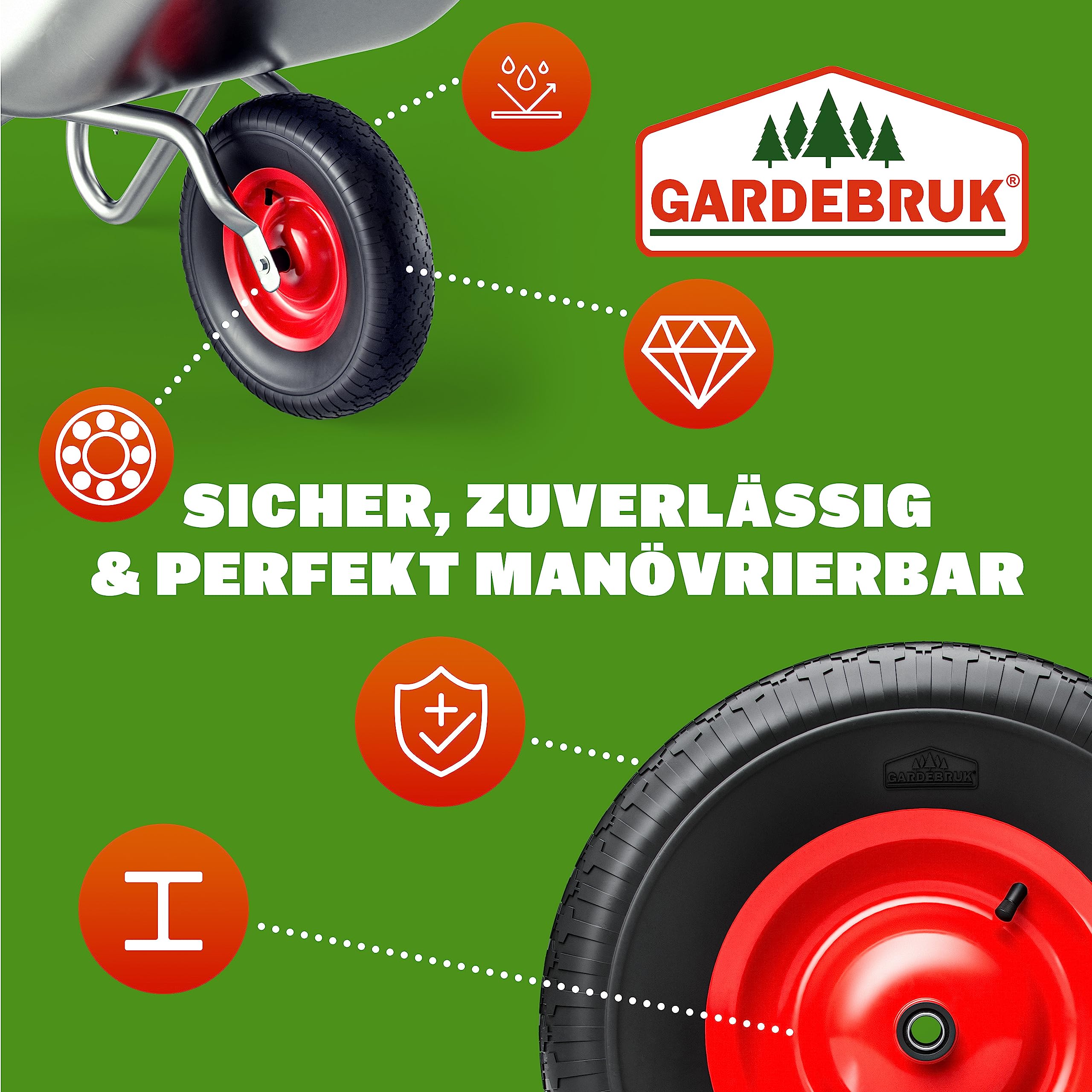 GARDEBRUK® Schubkarrenrad Luftbereifung 4.80/4.00-8 Ø 390mm 200kg Achse Felge Kugellager Schubkarrenräder Schubkarrenreifen Rad Reifen Schubkarre