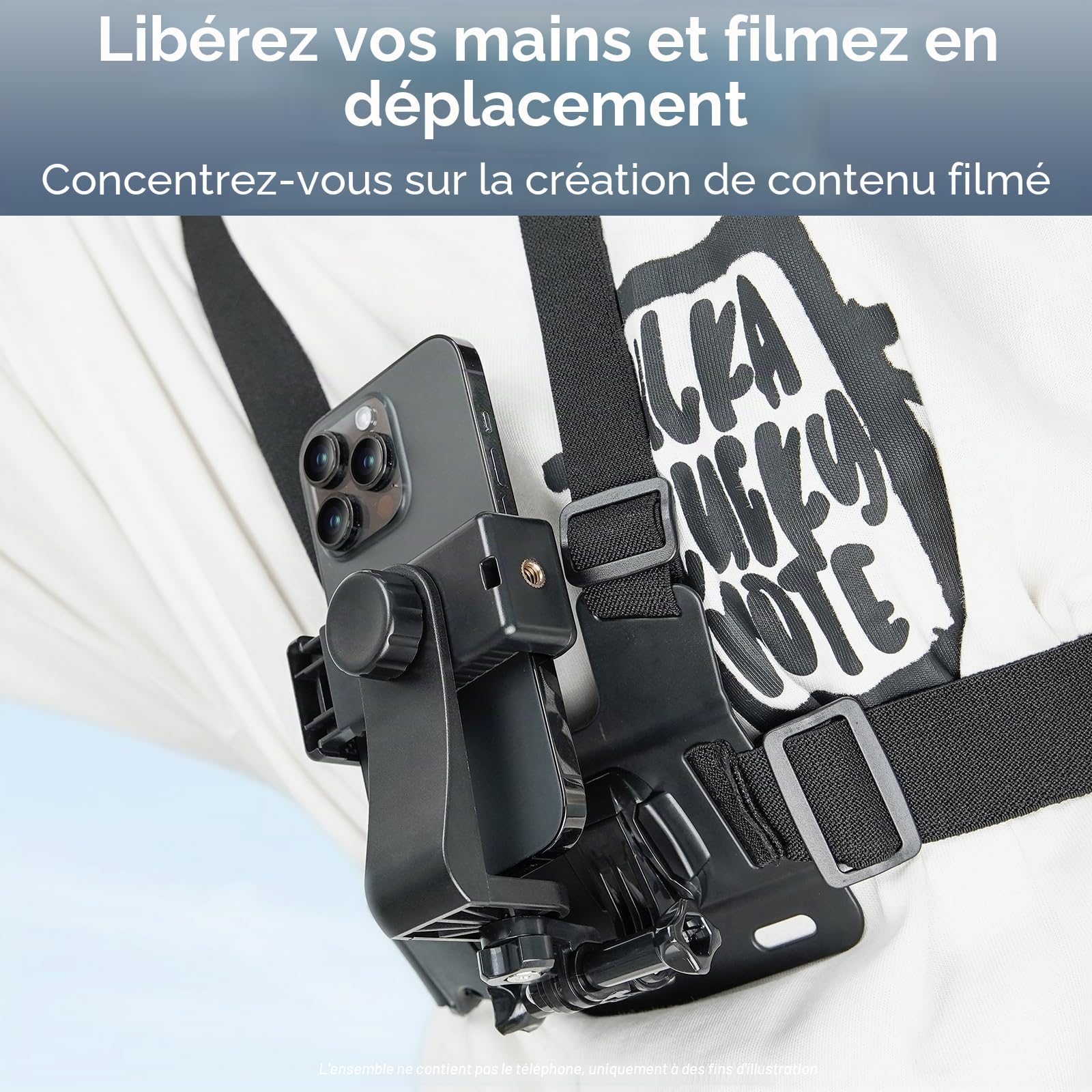 Adaptom° Harnais de Poitrine Support pour Caméras d'action et téléphones Portables, Compatible avec GoPro 13/12/11/10/9/8/7, insta360, DJI Action 5 Pro 4/3/2 Osmo et Toutes Les caméras d'action