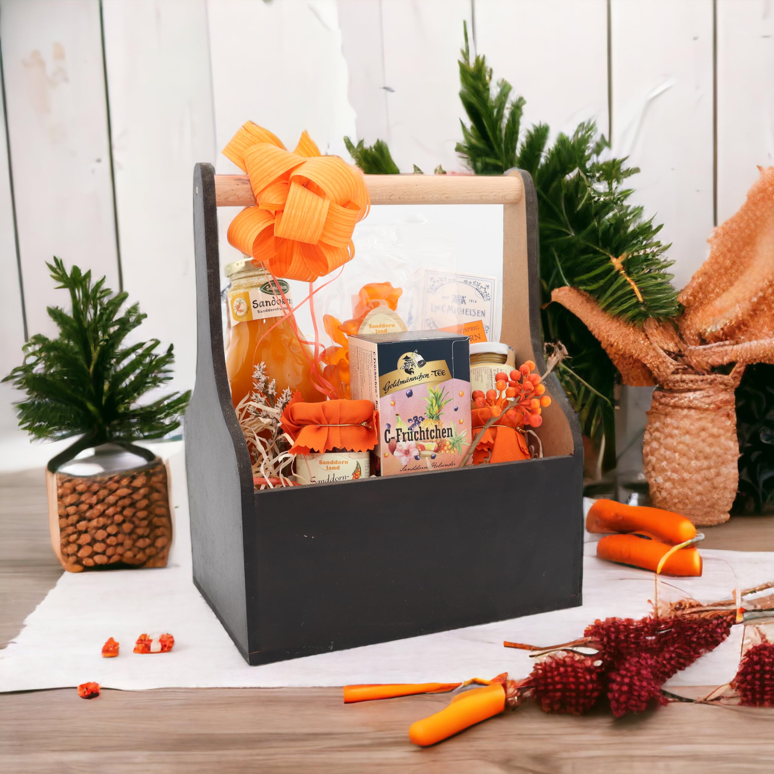 Sanddornkiste | Geschenkkorb mit hochwertigen Delikatessen für Genesungswünsche | Präsentkorb zur Aufmunterung | Ideal als Geschenk für Gesundheit und Wohlbefinden.