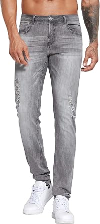 ZLZ Blue Black Ripped Distressed Jeans for Men Slim Fit, Men's Fashion Design Streetwear Destroyed Jeans Pants Stretch Fit
