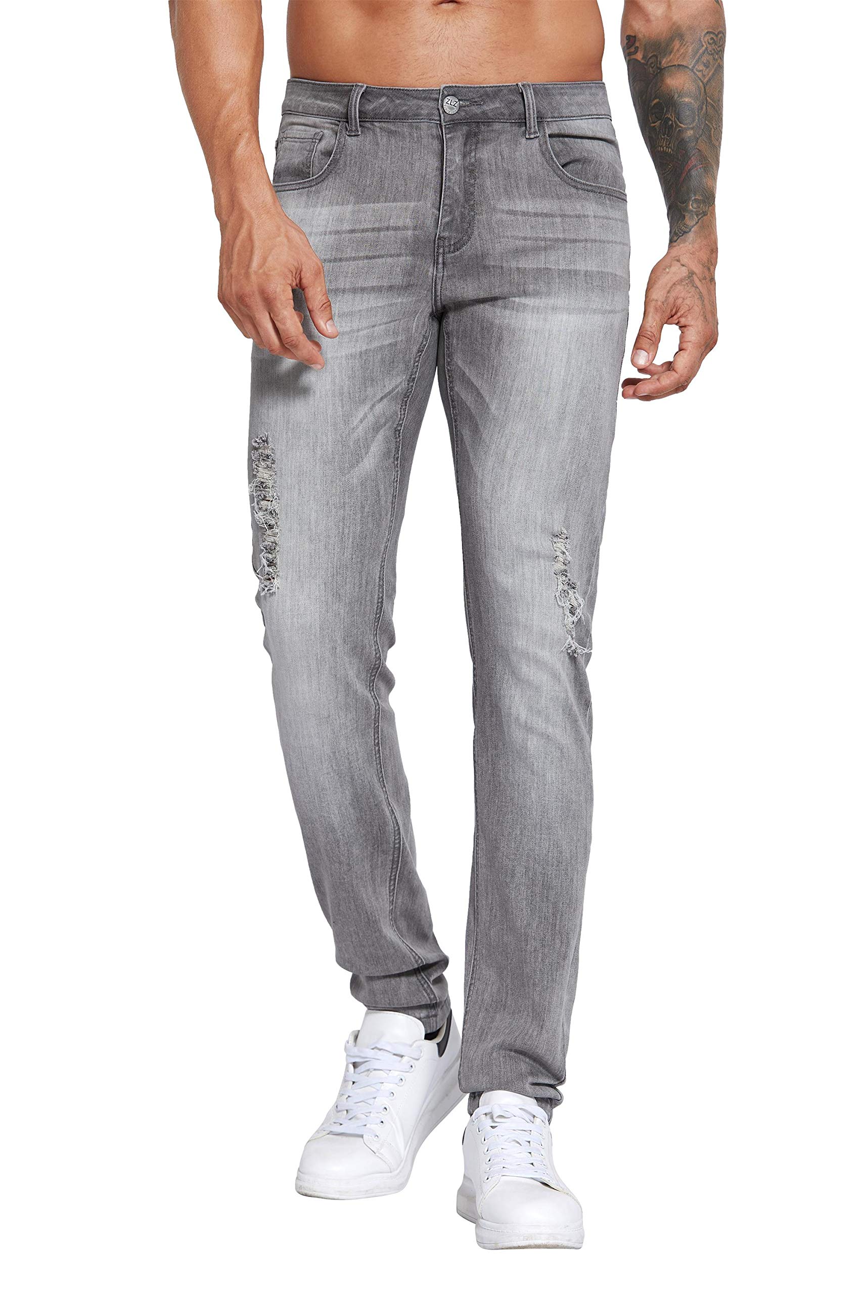 ZLZ Blue Black Ripped Distressed Jeans for Men Slim Fit, Men's Fashion Design Streetwear Destroyed Jeans Pants Stretch Fit