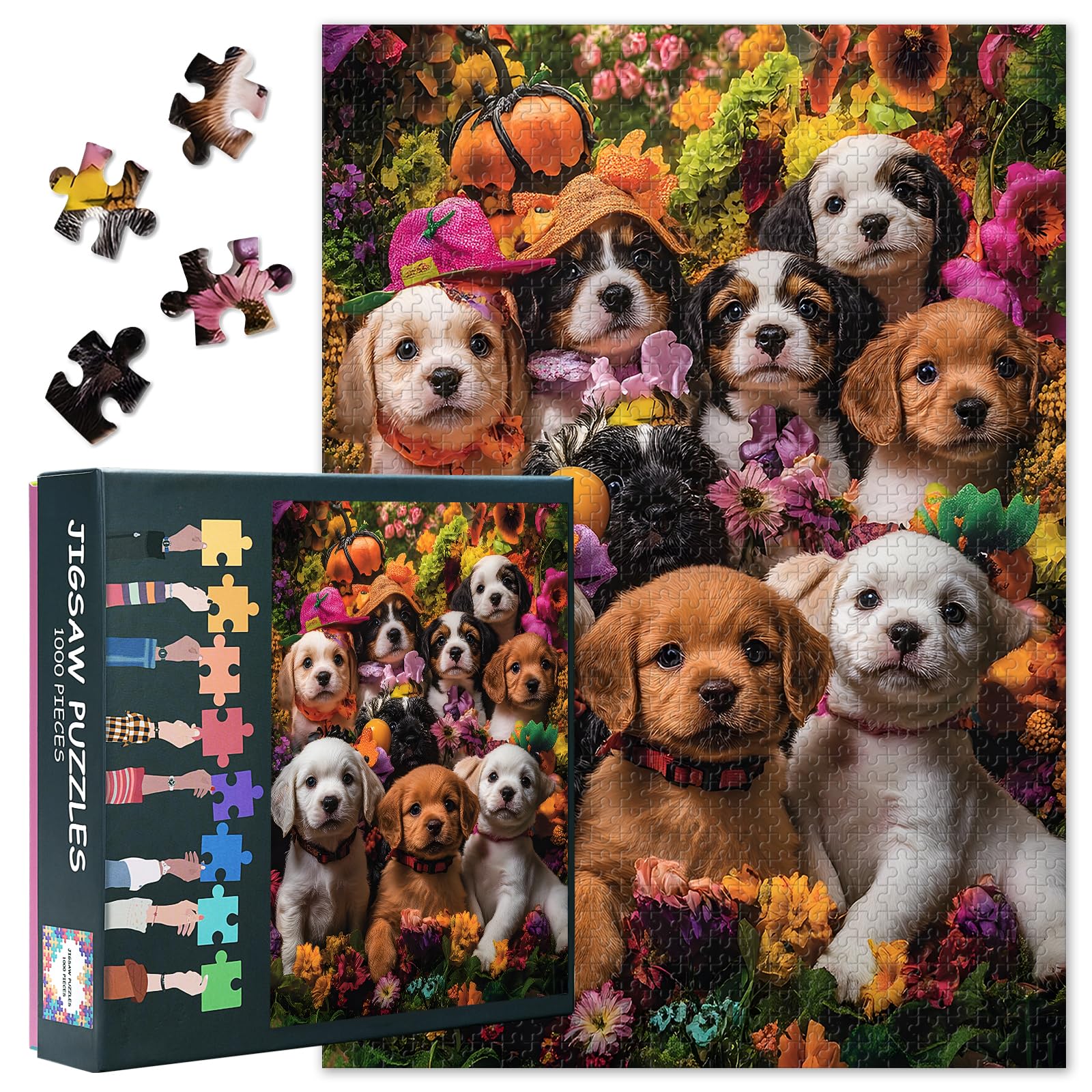 Cute Puppies Jigsaw Puzzles 1000 Pieces Impossible Challenge Puppy Jigsaw Puzzle for Adults Dogs and Colorful Flowers and Pumpkin Puzzles as Gift for Family Friends 27.5"X19.7"