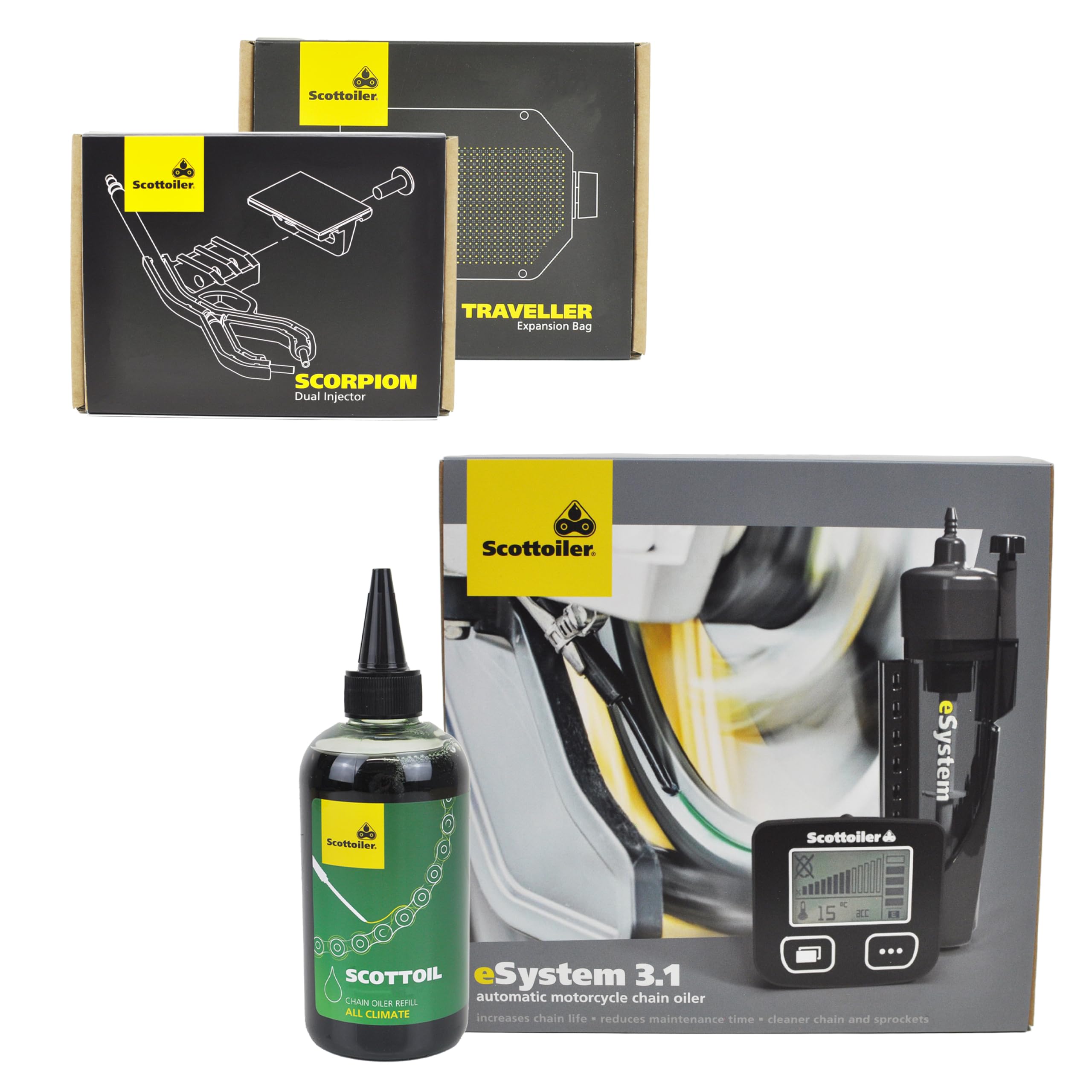 Scottoiler eSystem Sistema Electrónico Automático de Lubricación de Cadena de Motocicleta con Scottoil Verde Biodegradable, Inyector Dual Scorpion y Bolsa de Expansión Traveller - Bundle Ultimate de L