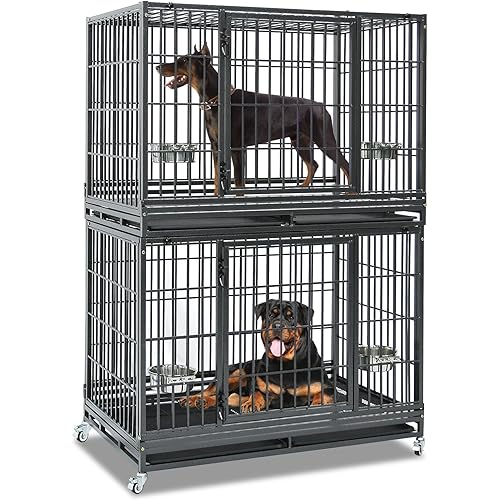 Homey Pet 48 Inch Heavy Duty Indestructible Dog Crate, Stackable Escape Proof Dog Cage Kennel Indoor with Two Trays, Metal Grids, Wheels, Bowls, Double Doors for High Anxiety Large Dogs(2 Tiers)