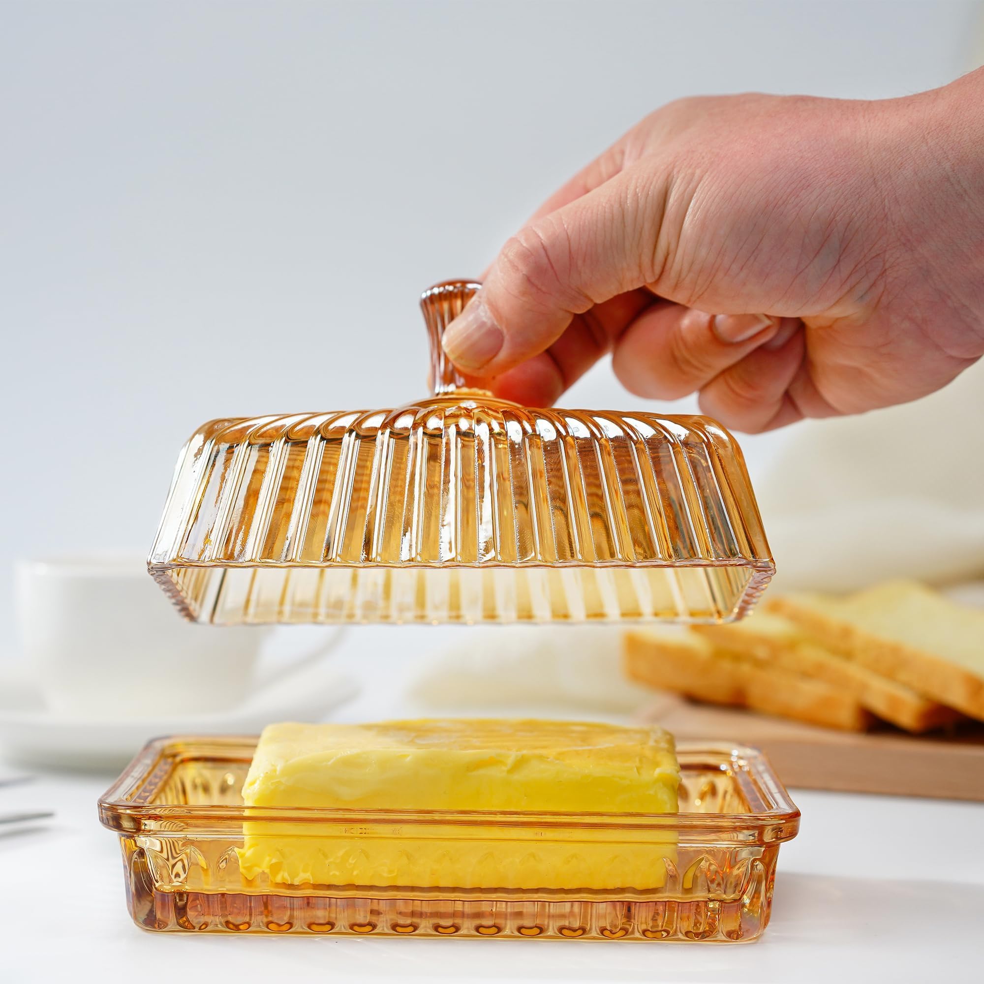 Champagne Glass Butter Dish with Lid for Countertop, 6.3" Vintage Glass Butter Dish with Cover and Long Handle for Refrigerator, Cute Crystal Covered