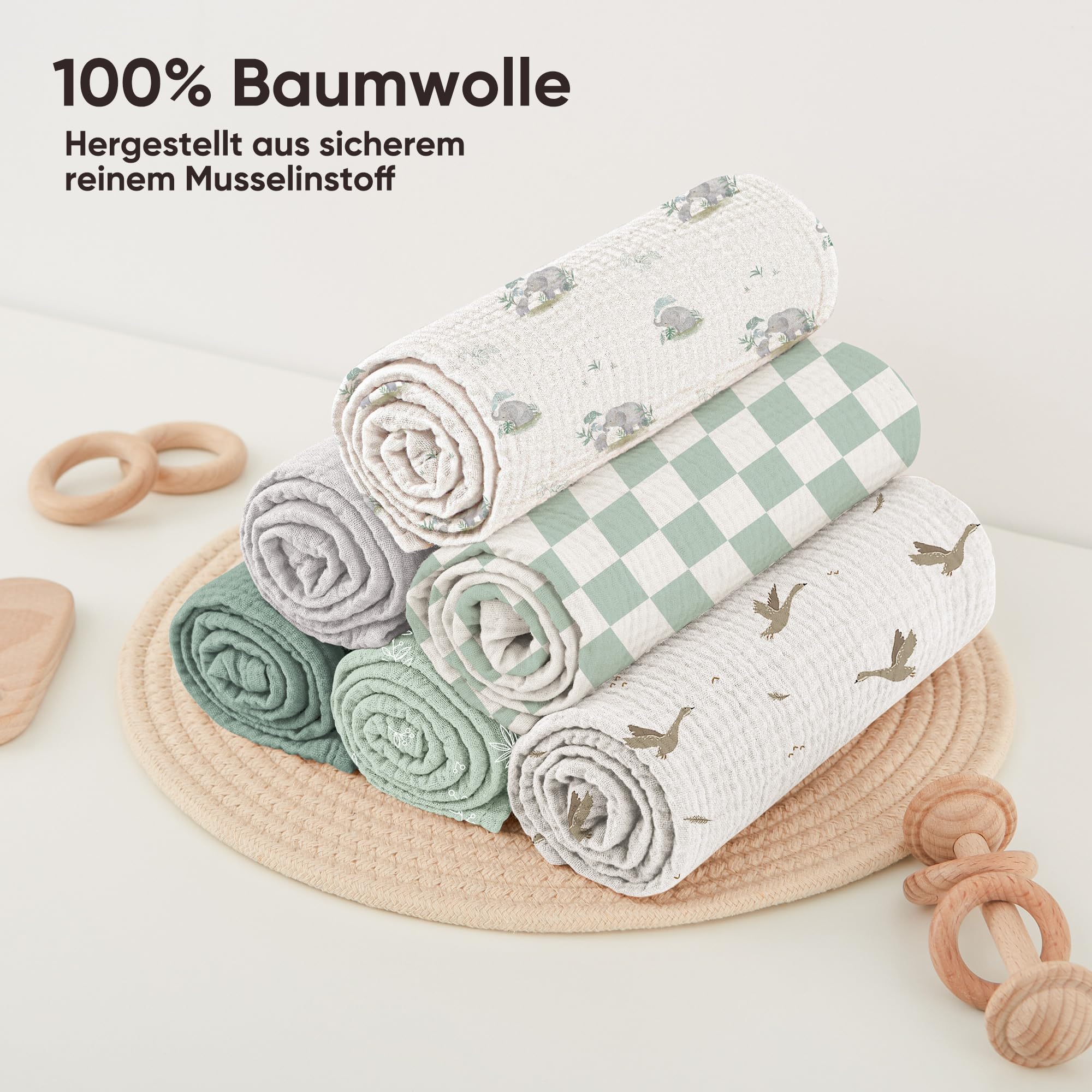 Bearmoss - Lenguas de algodón para bebé, absorbente transpirable para recién nacidos, piel sensible para unisex bebé y niñas (10 unidades, 60 x 60 cm), color gris y verde