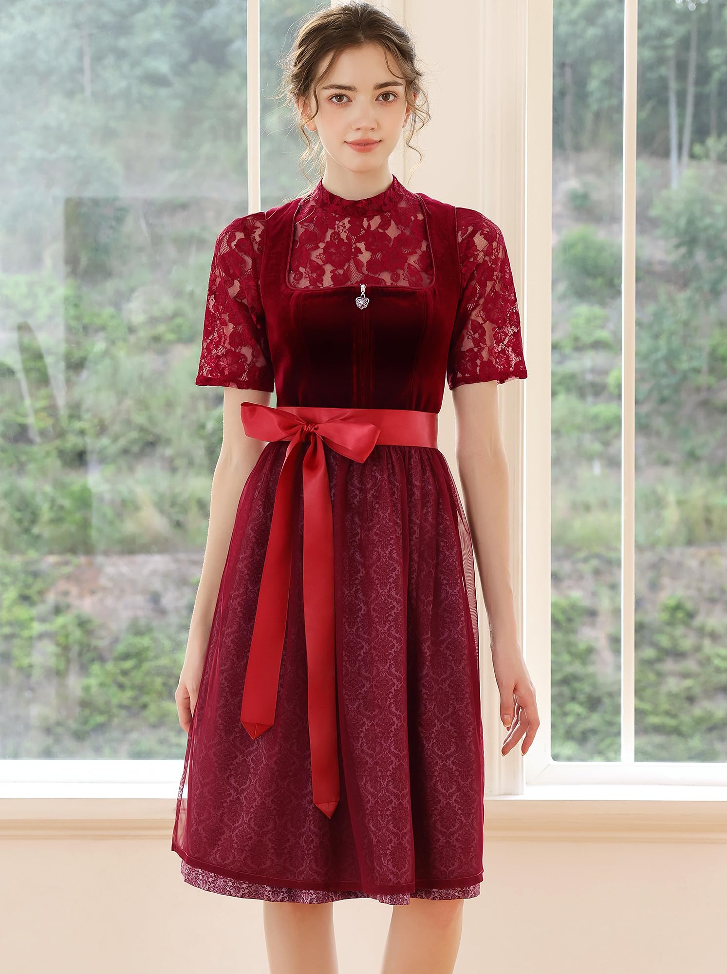EIISSION Dirndl Damski Oktoberfest Kostium Oktoberfest Kostium Kostium Damski Czerwony Tradycyjna Sukienka midi Trachten Sukienka 3 Pieces Bluzka Fartuch