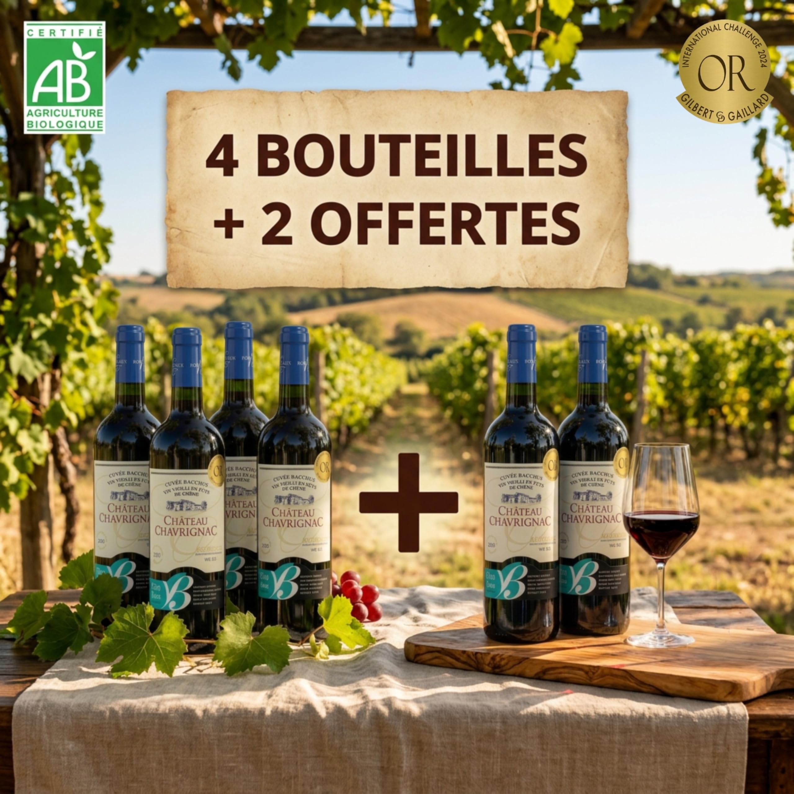 Château Chavrignac - Grand Vin de Bordeaux Rouge AOC Bio - Médaillé Or - Cuvée Bacchus 2022- Cultivé en Biodynamie - Cabernet Sauvignon - Bouteille de 75cl (6)