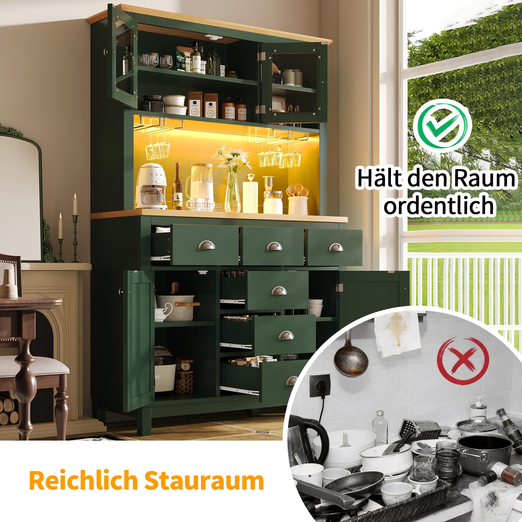 Armario alto para buffet, armario de cocina, aparador, estilo rústico, 4 puertas, con barra de luz LED y soporte para bebidas, para cocina, comedor, 104 × 40 × 180 cm (verde)