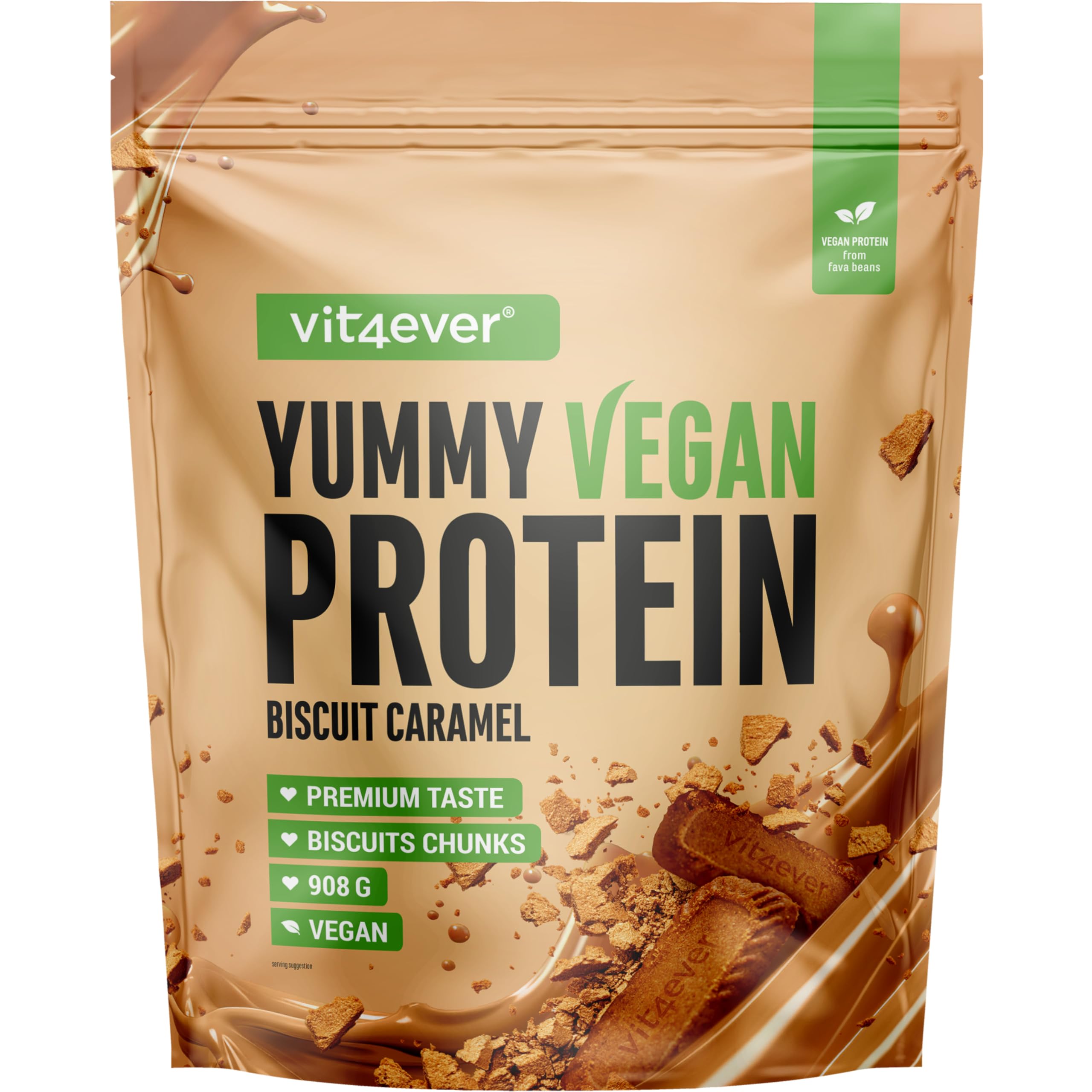 Yummy Vegan Protein Biscuit Caramel con pezzi – Frullato proteico vegetale con 24,1 g di proteine per porzione da isolato di fave con BCAA e amminoacidi – Consistenza cremosa e gusto delizioso – 908 g