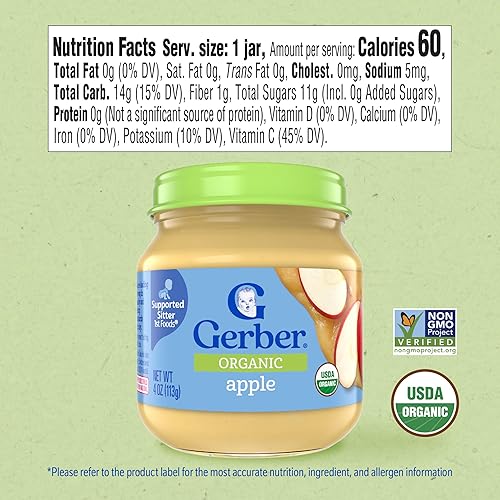 Miniatura 2 de Gerber Stage 1 - Alimento para bebé orgánico, frasco de manzana, puré de frutas, vitamina C, sin OMG, alimento para bebés en frasco, puré de frutas