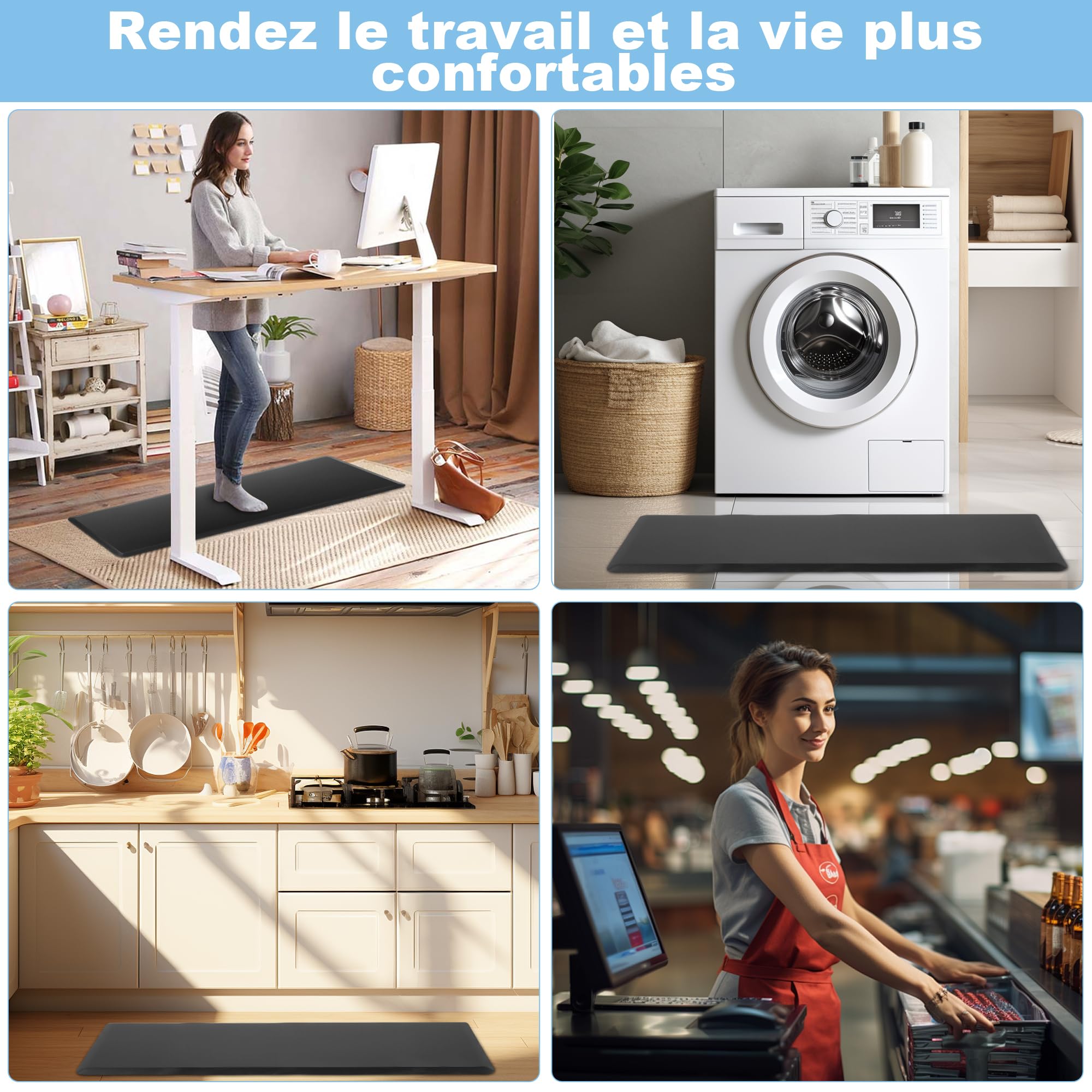 Tapis Anti-Fatigue Cuisine - 44x120cm Tapis de Confort de Sol Antidérapant | Confortable Rembourré Antidérapant pour Bureau Debout Maison Garage(Noir)
