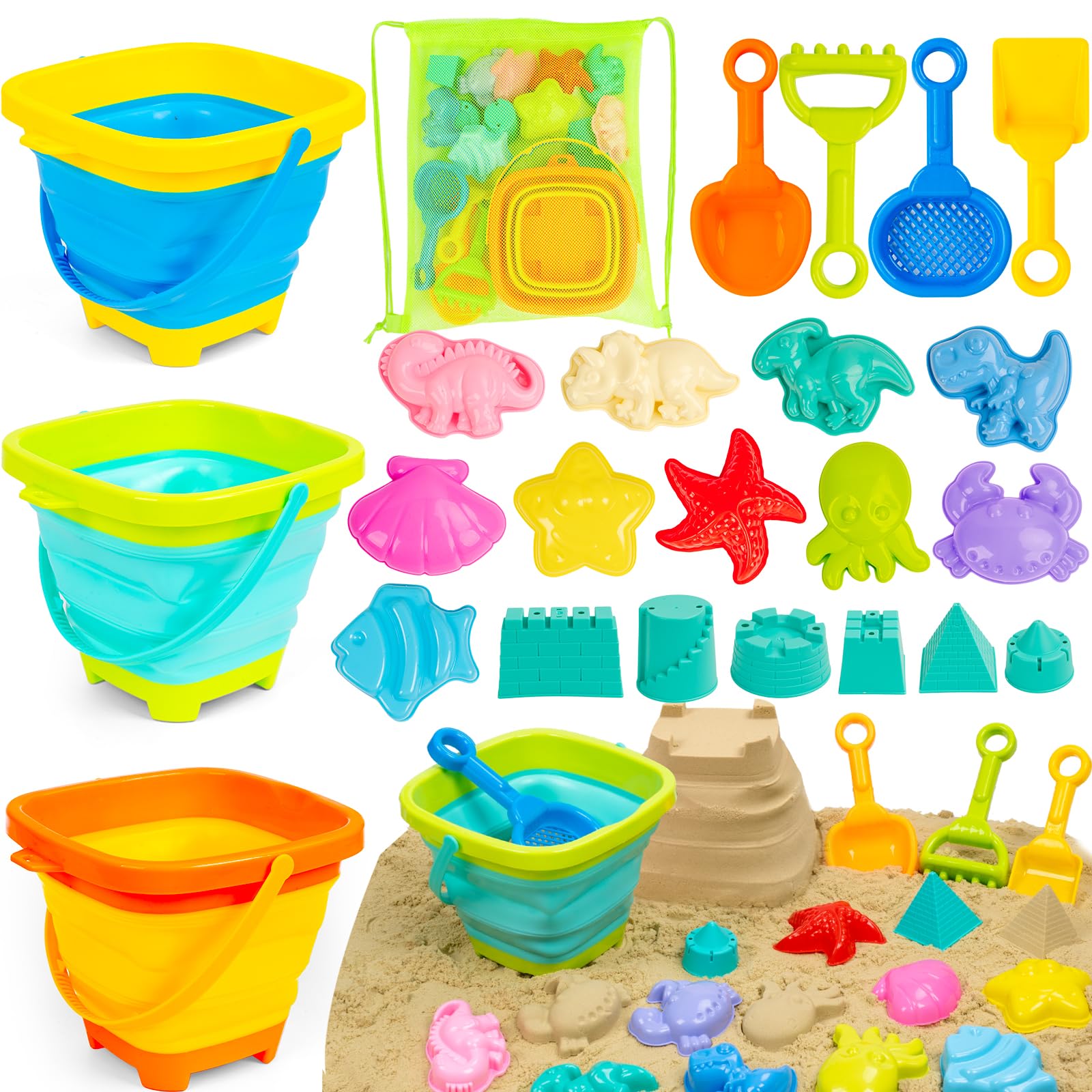 Sponsored Ad – Collapsible Beach Bucket Kids Sandbox Toy 3 PCS Silicone Pail Set with Sand Molds, Shovel, Rake, Mesh Stora...